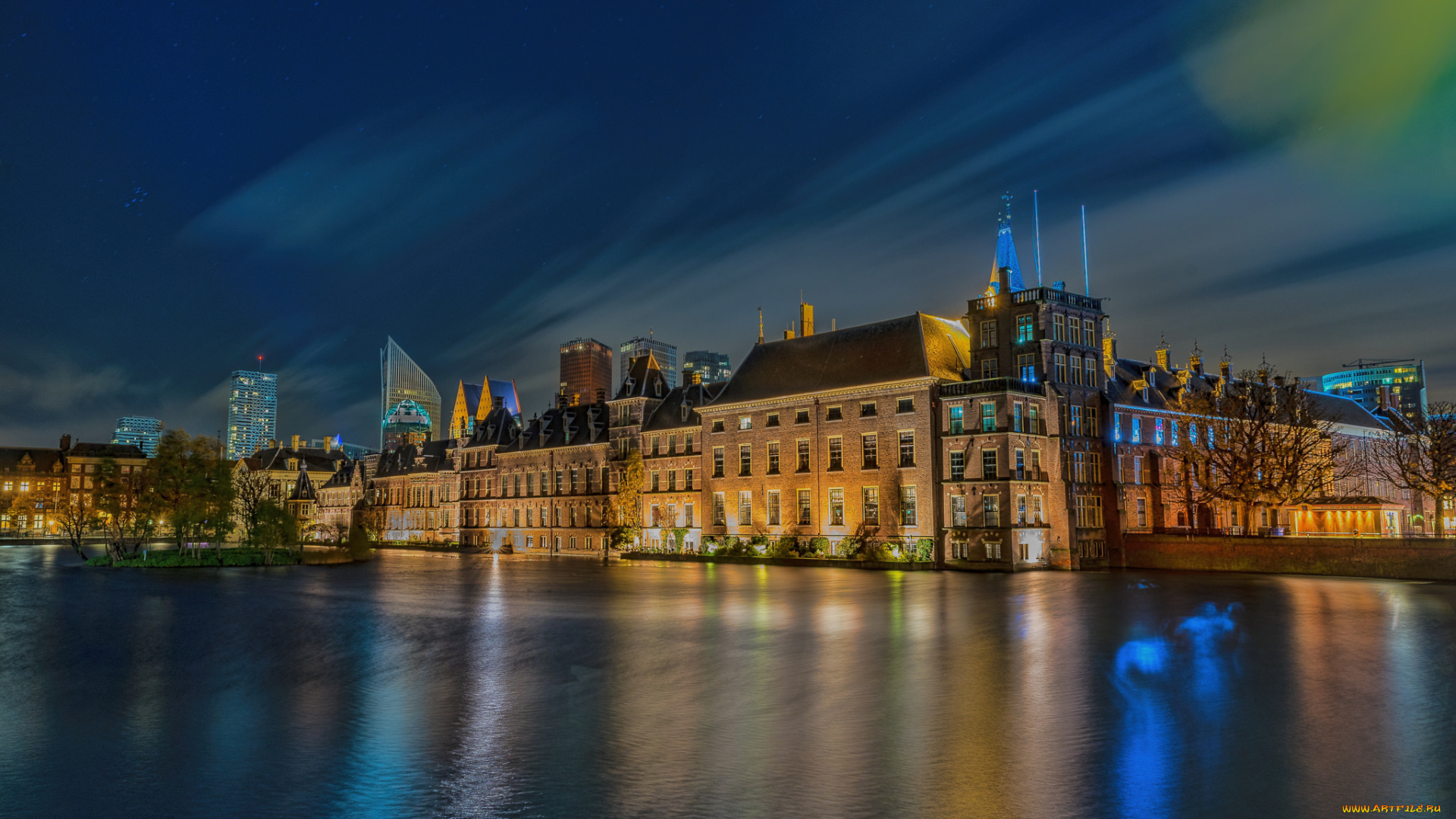 binnenhof, , den, haag, , netherland, города, -, огни, ночного, города, огни, канал