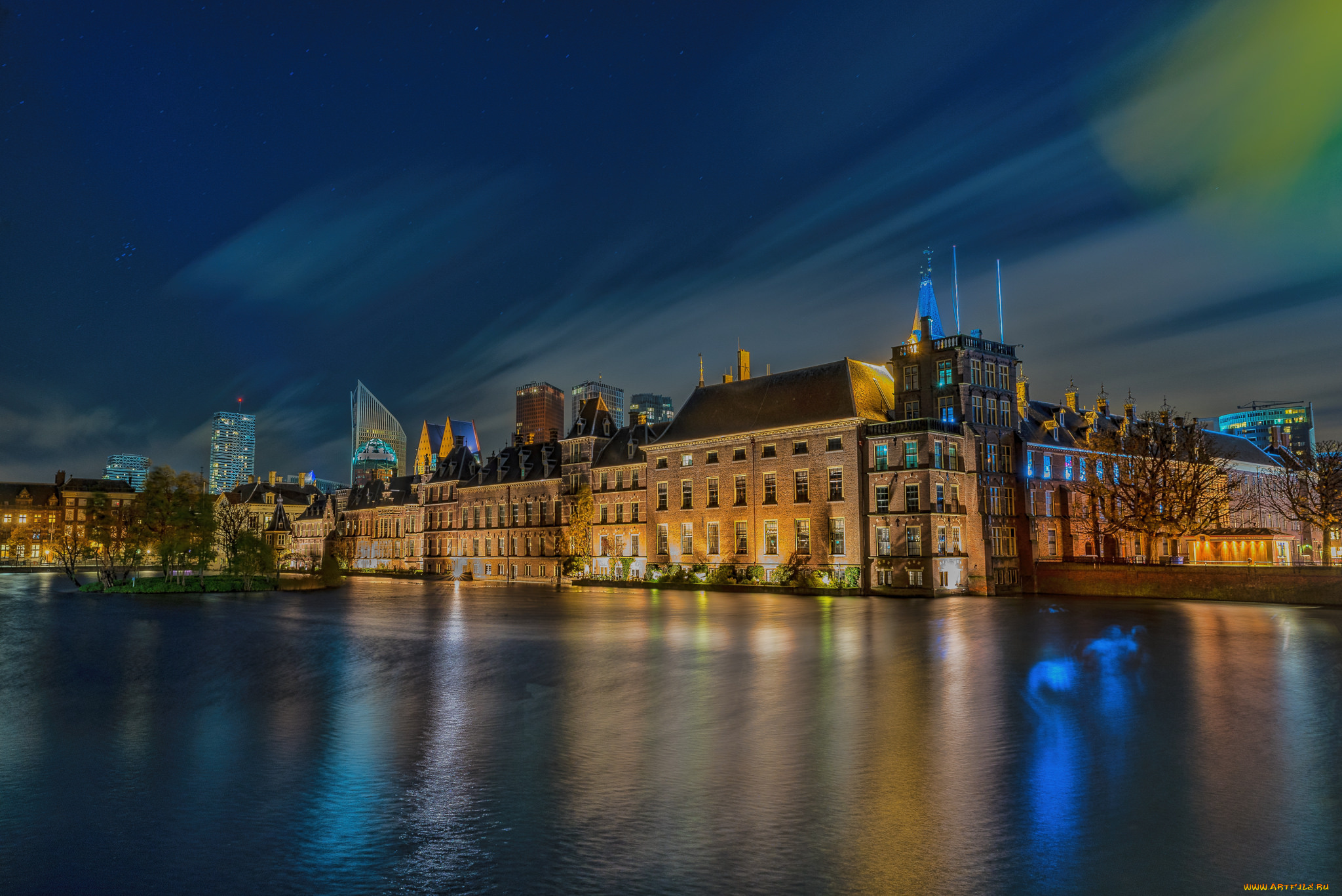 binnenhof, , den, haag, , netherland, города, -, огни, ночного, города, огни, канал