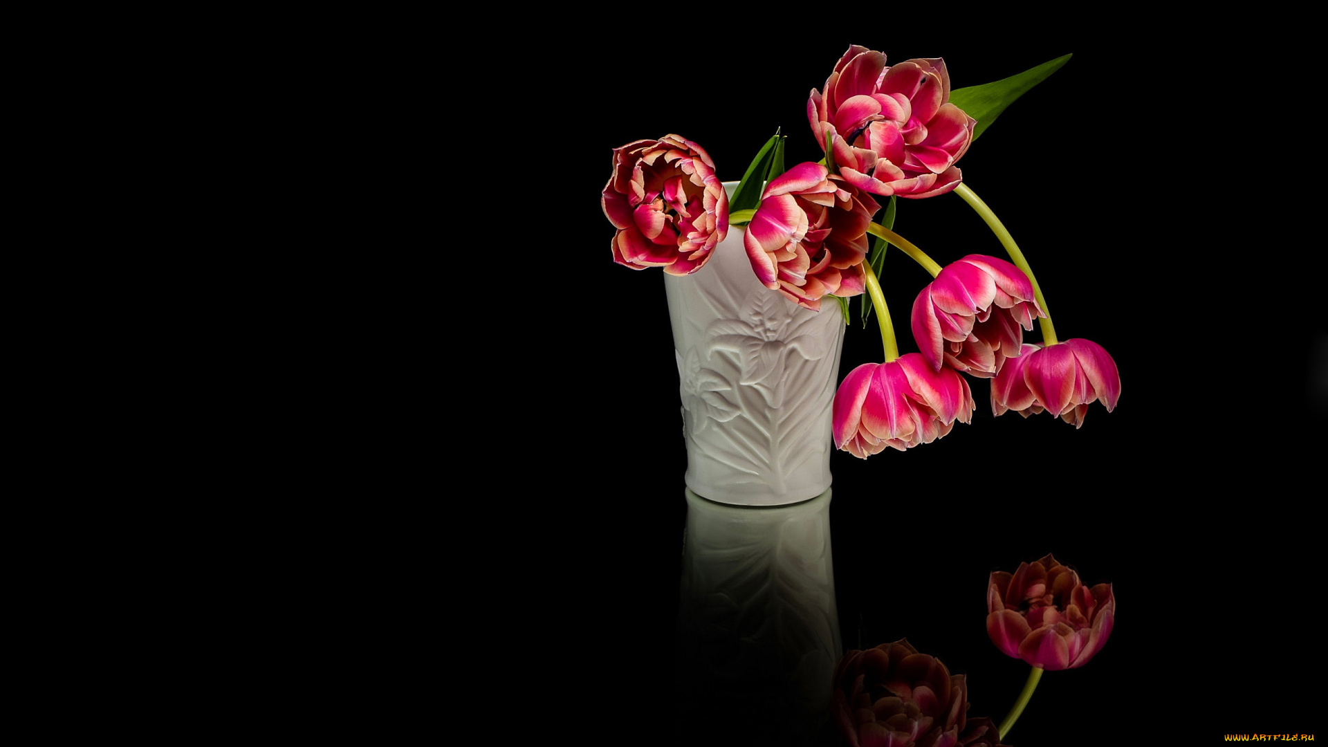 цветы, тюльпаны, ваза, отражение
