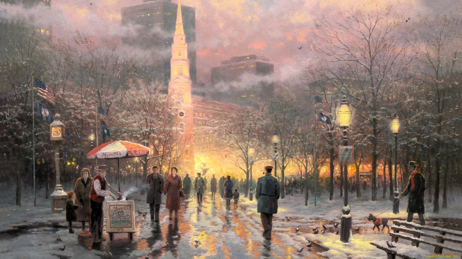 boston, celebration, рисованное, thomas, kinkade, город, люди, бостон, праздник, слякоть