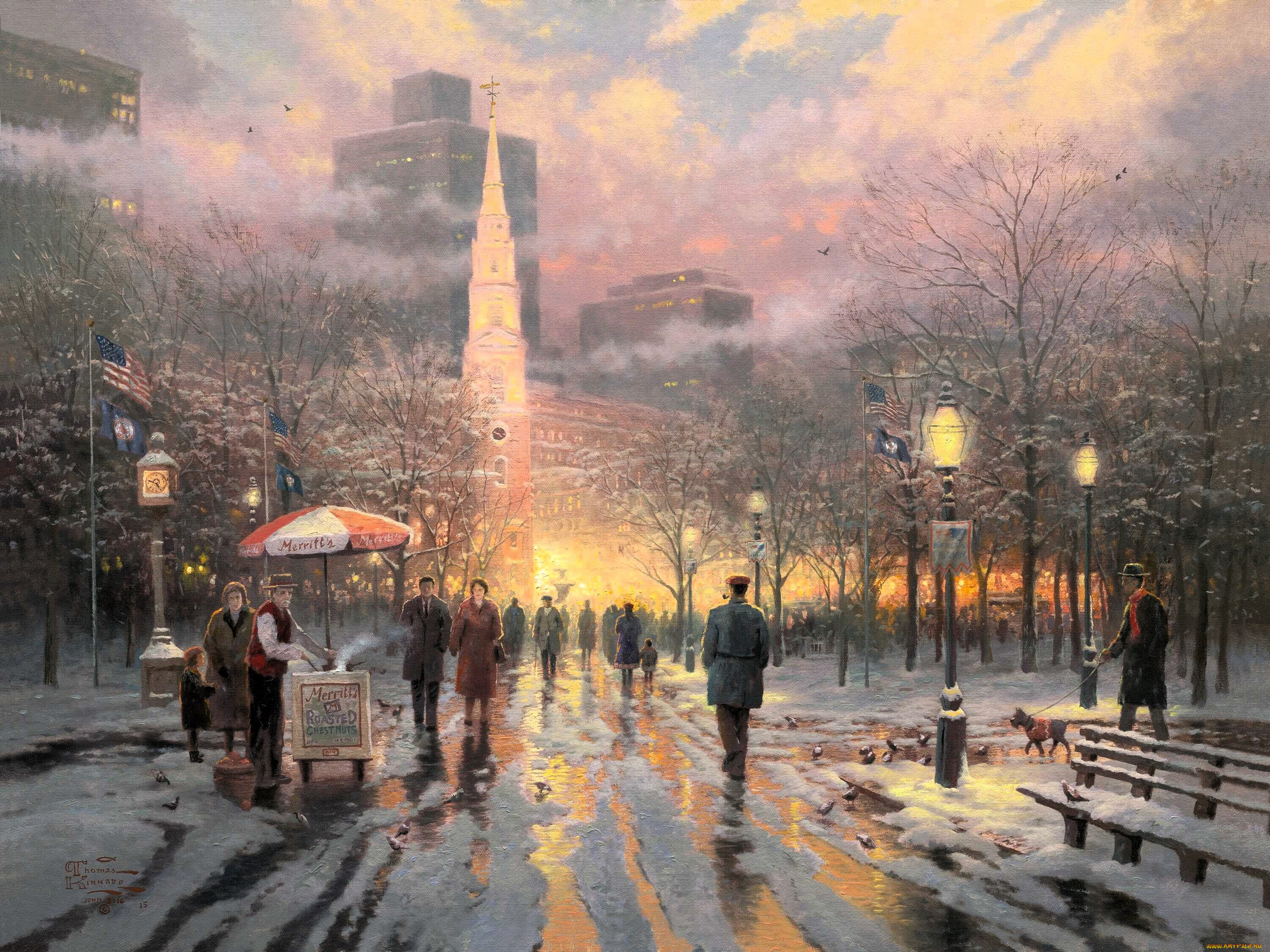 boston, celebration, рисованное, thomas, kinkade, город, люди, бостон, праздник, слякоть