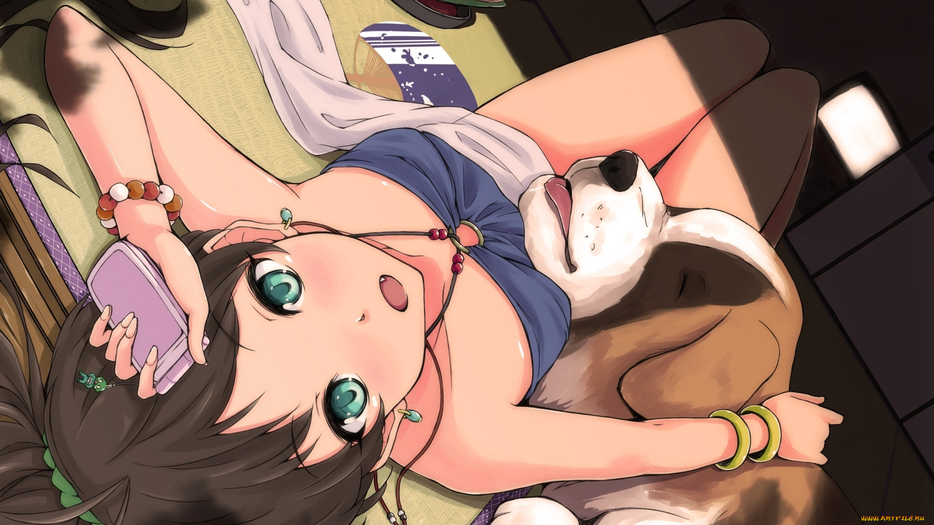 аниме, animals, лежит, собака, ganaha, hibiki, телефон, девушка, idolmaster