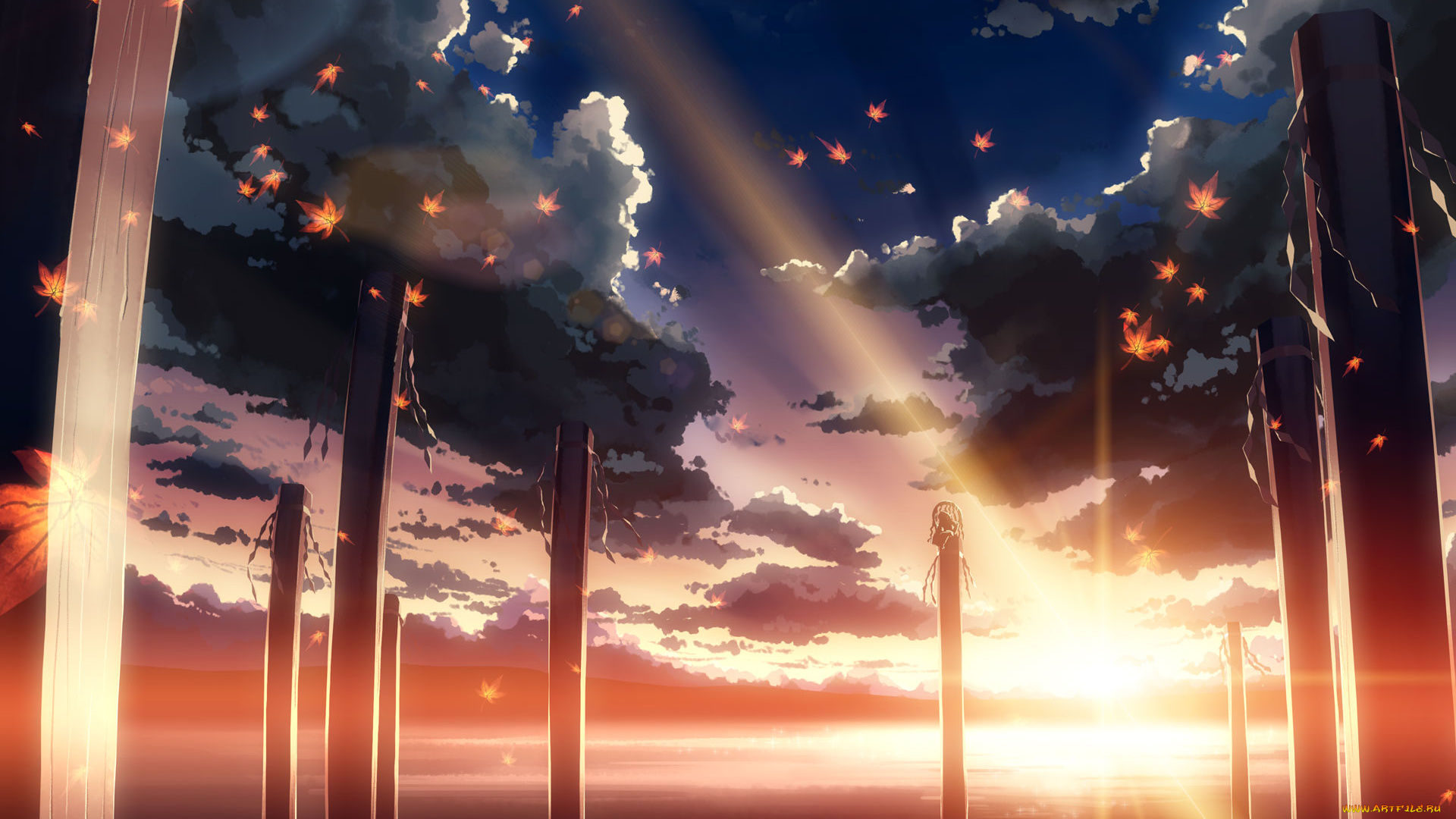 аниме, *unknown, другое, листья, небо, восход