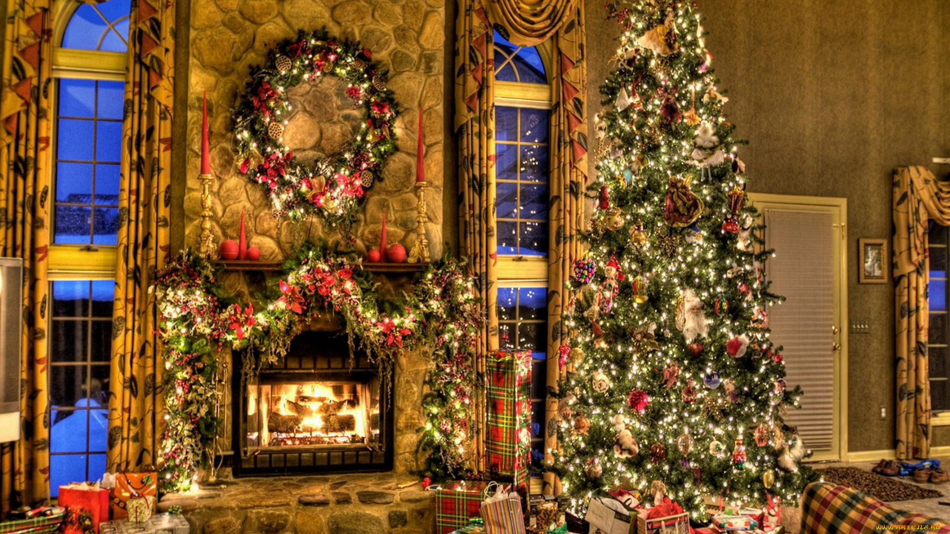 праздничные, новогодний, очаг, елка, камин, гирлянды, подарки