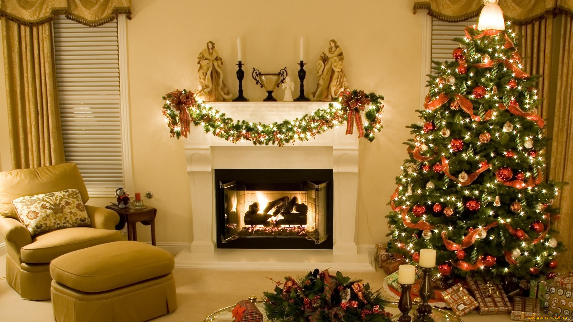 праздничные, новогодний, очаг, камин, елка, подарки, гирлянды