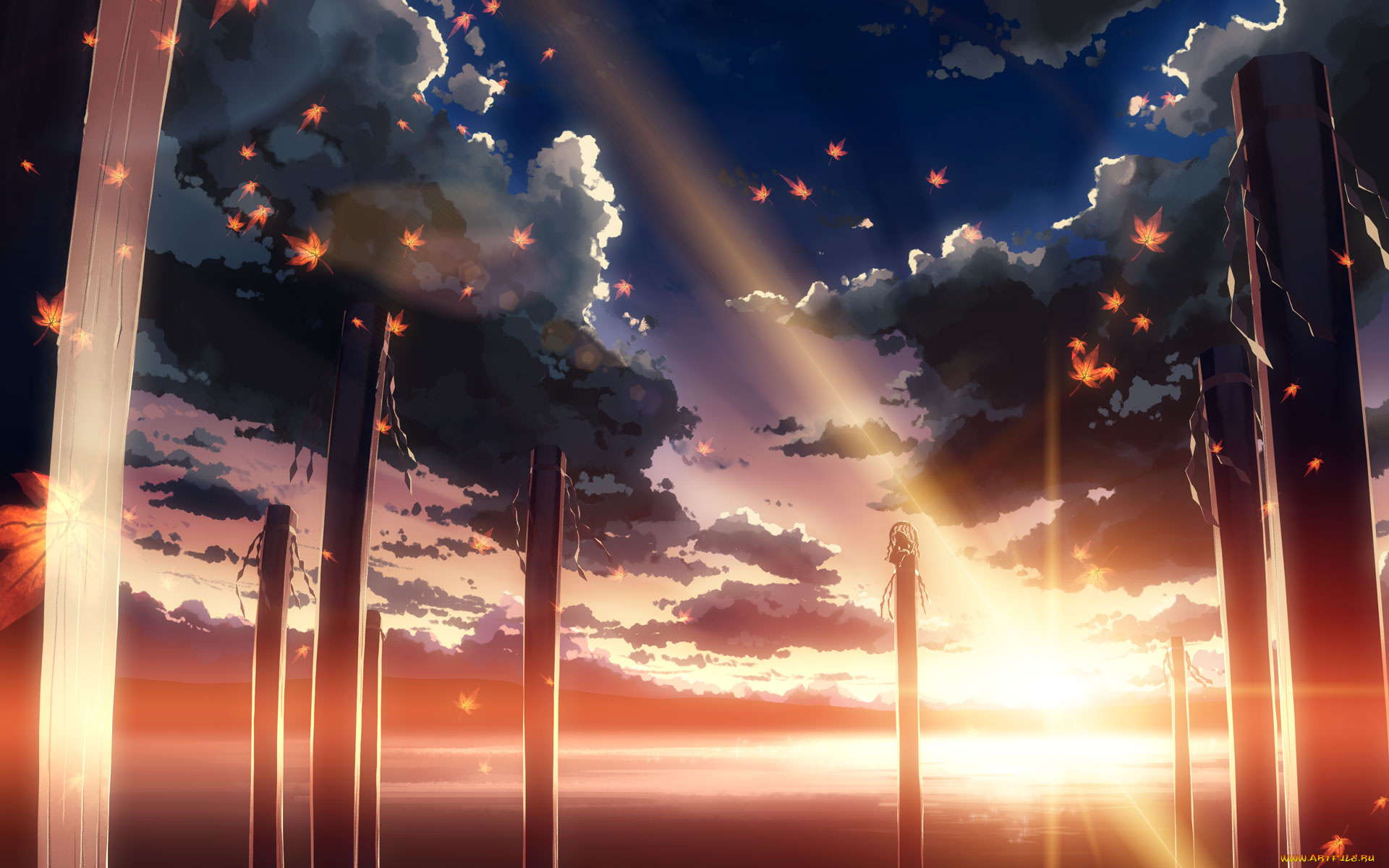 аниме, *unknown, другое, листья, небо, восход
