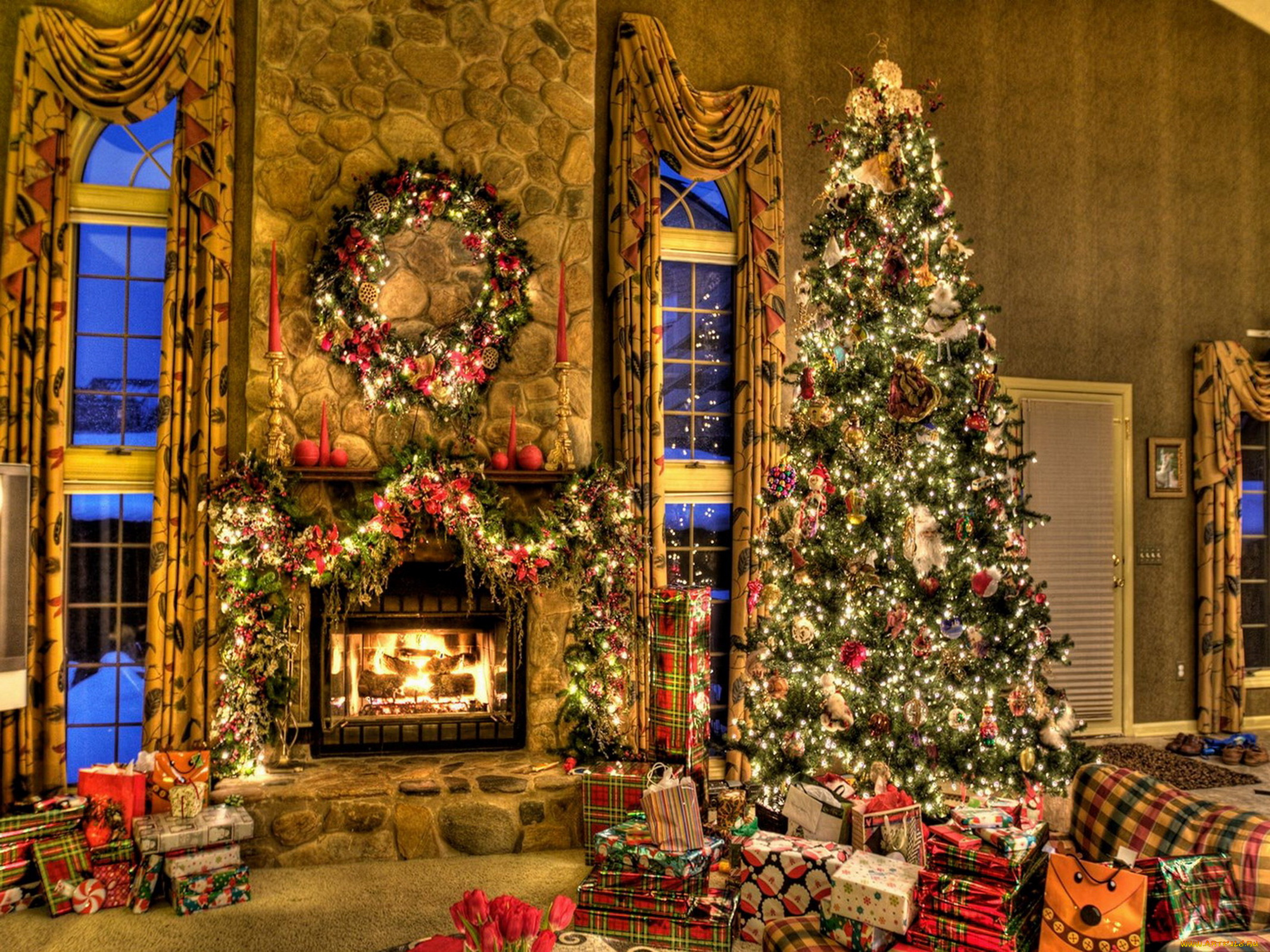 праздничные, новогодний, очаг, елка, камин, гирлянды, подарки