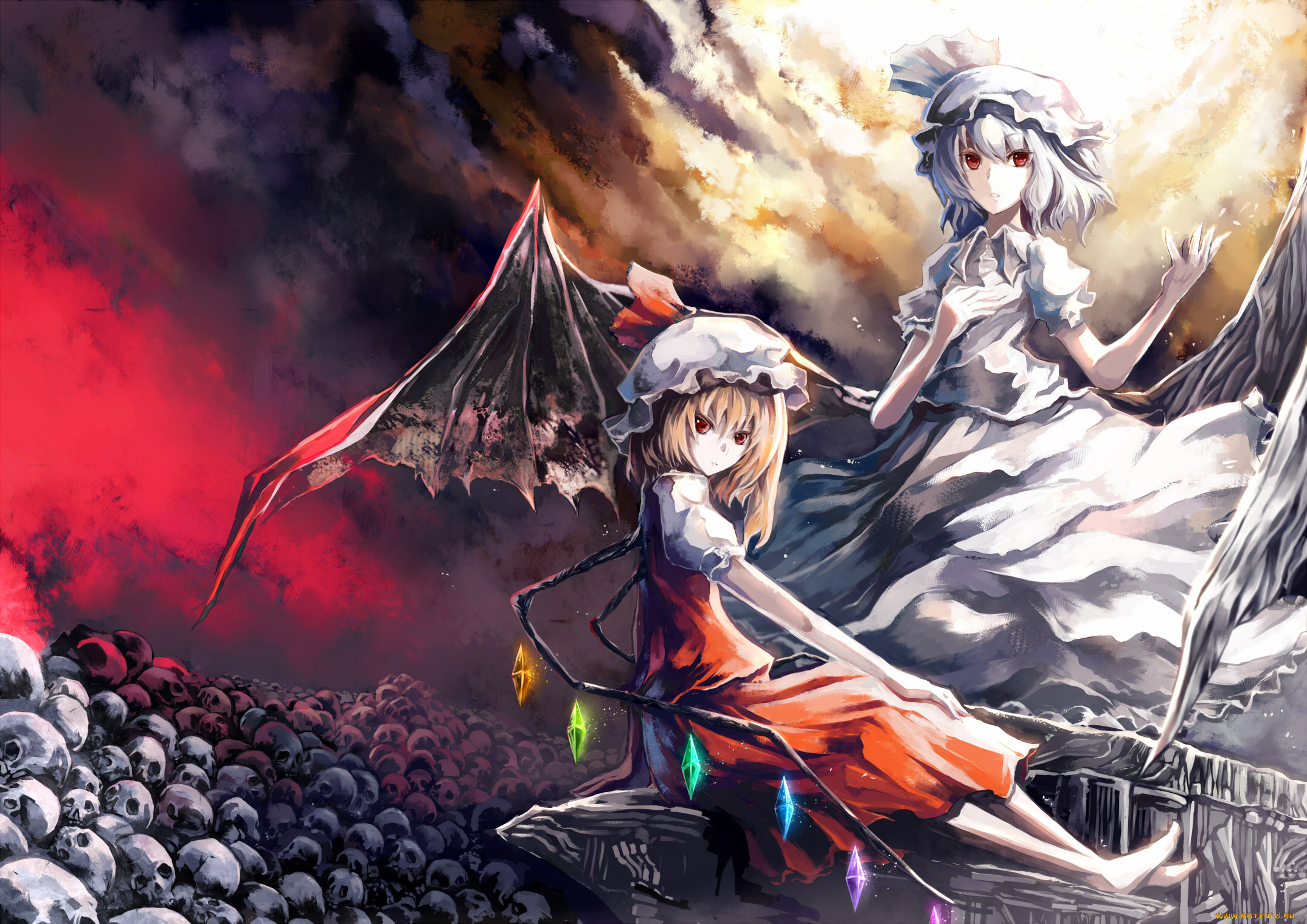 аниме, touhou, черепа, фландрэ, ремилия, девушки, небо