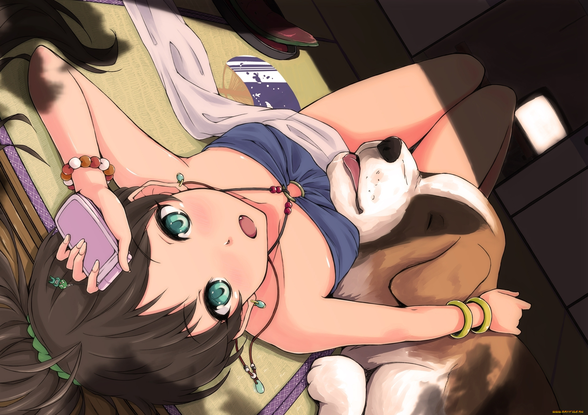 аниме, animals, лежит, собака, ganaha, hibiki, телефон, девушка, idolmaster