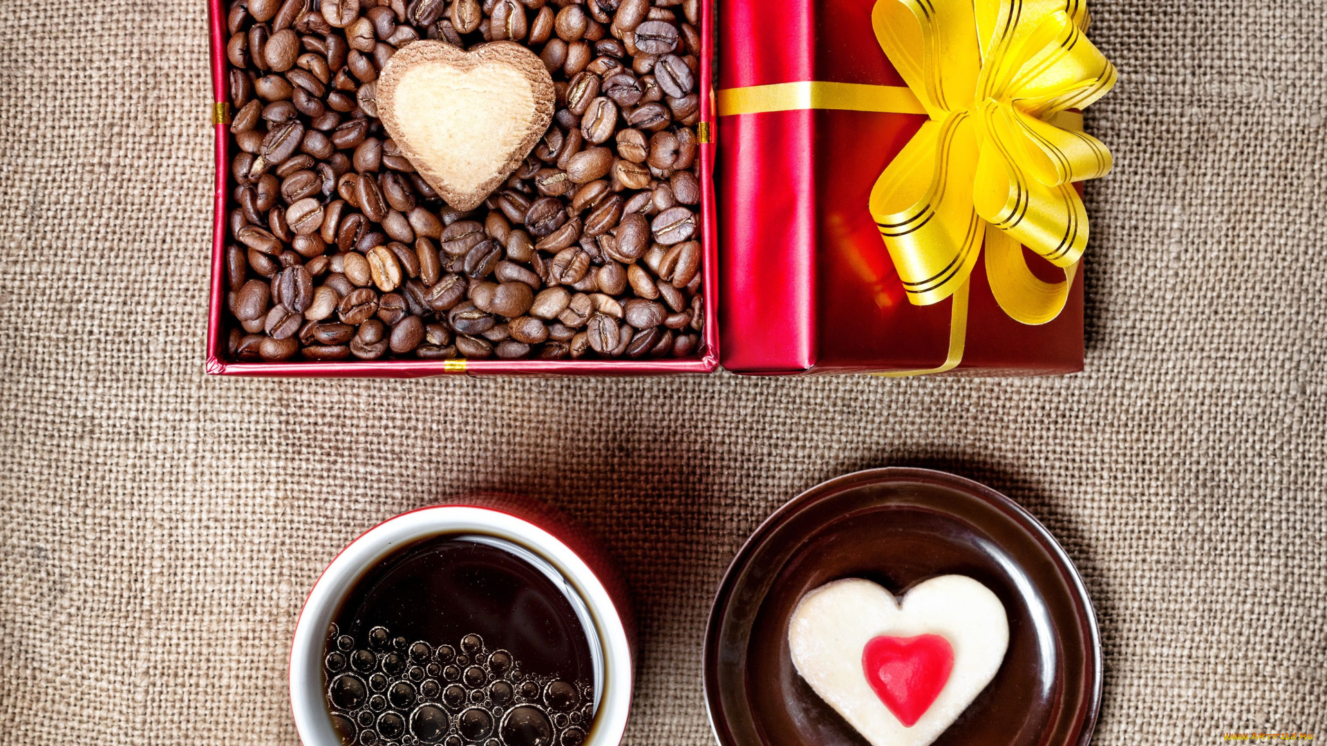 еда, кофе, кофейные, зёрна, сердце, пирожное, коробка