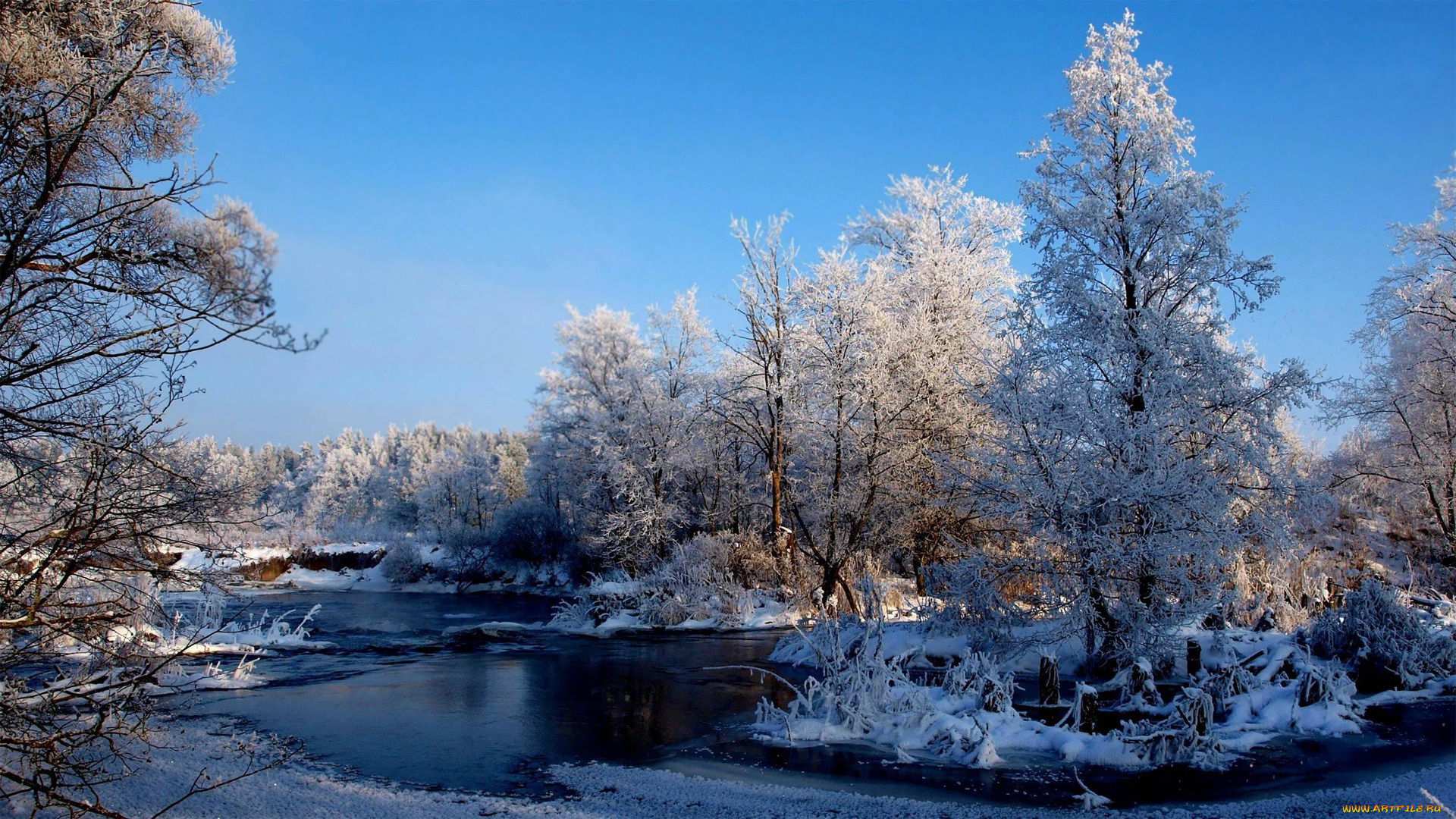 природа, зима, деревья, снег, река