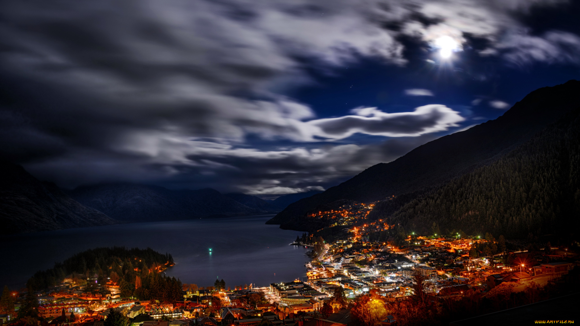 queenstown, new, zealand, города, огни, ночного, дома, панорама, ночь