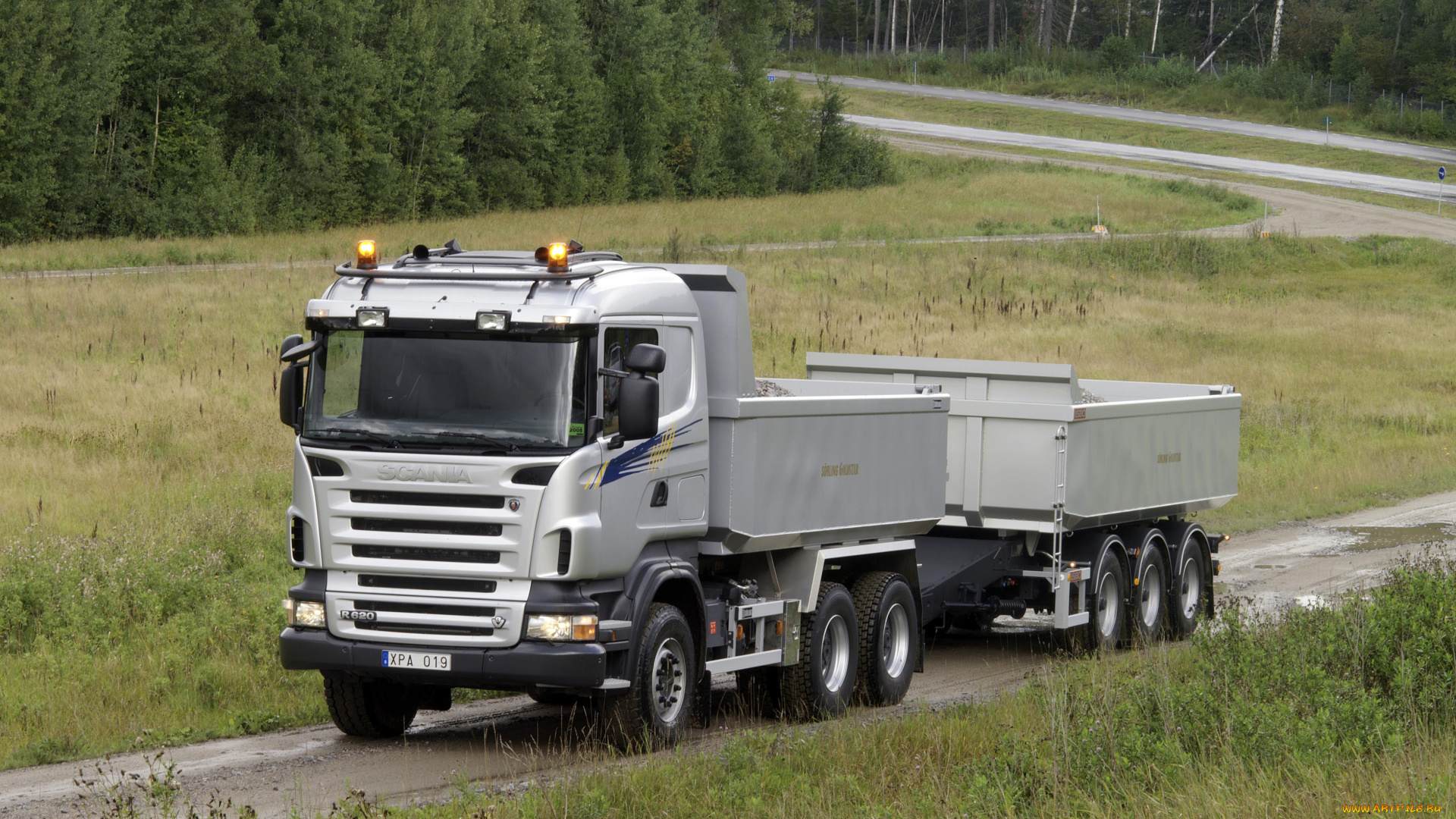 автомобили, scania, трава, дорога, грузовик, лес