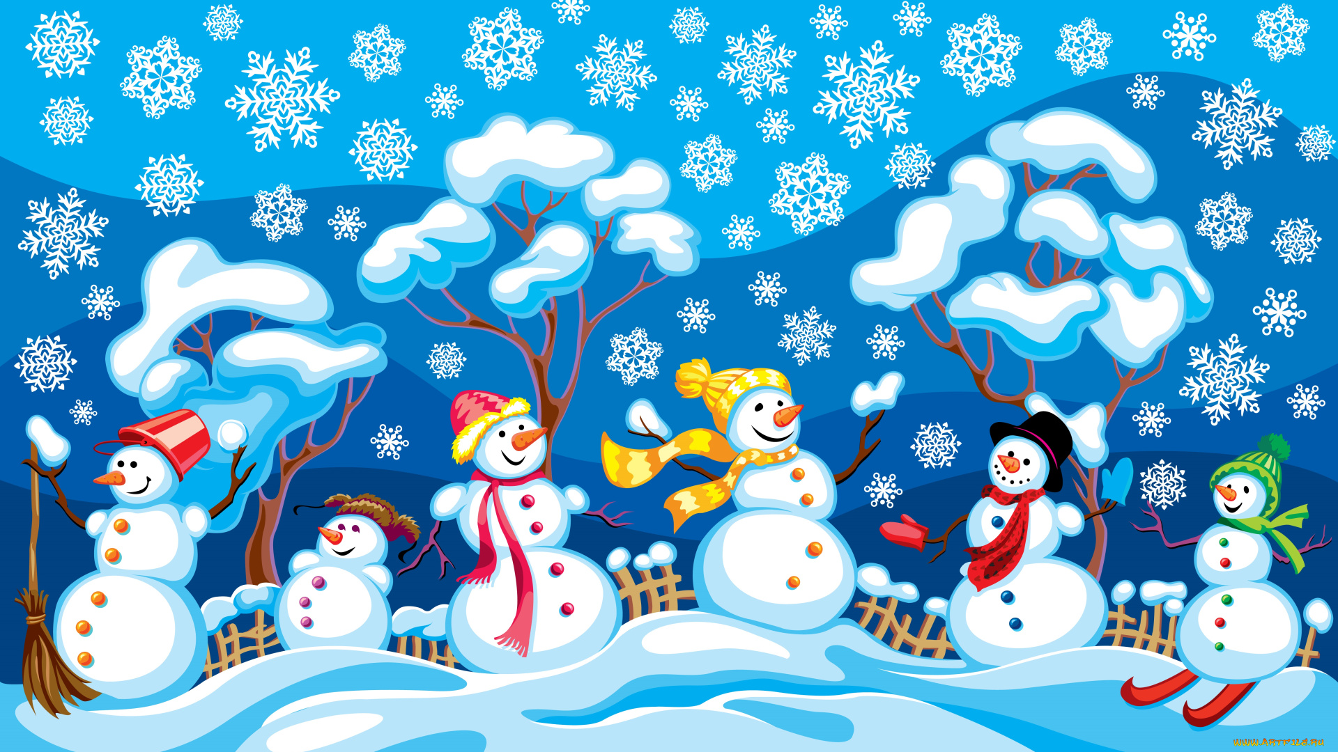 праздничные, векторная, графика, , новый, год, снег, деревья, снеговики, снежинки