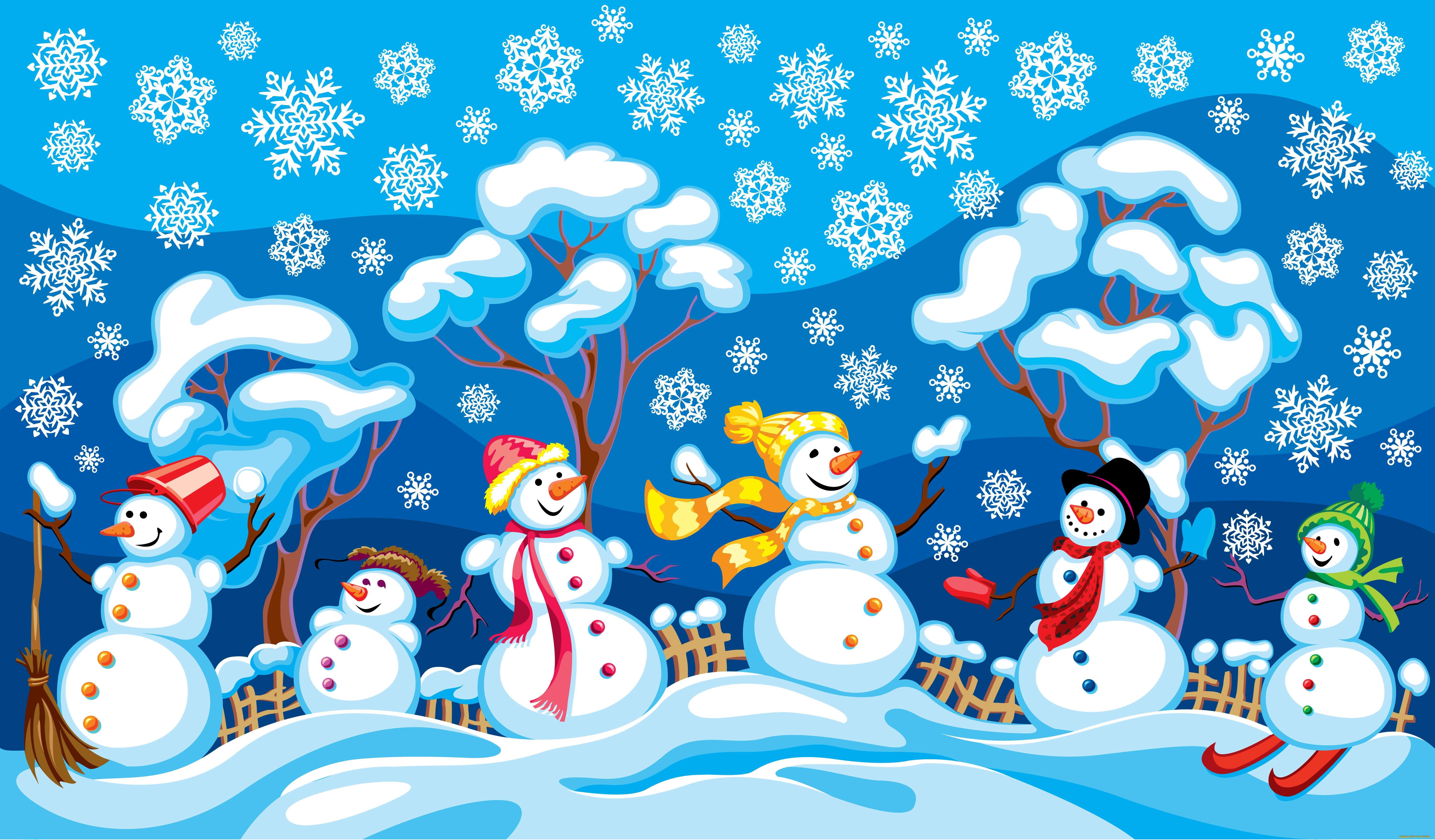 праздничные, векторная, графика, , новый, год, снег, деревья, снеговики, снежинки