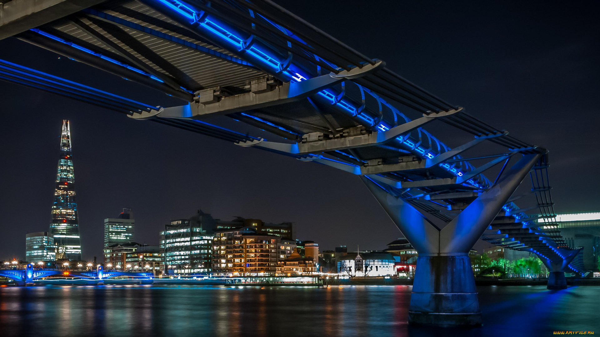 millennium, bridge, , london, города, лондон, , великобритания, огни, мост, река, ночь