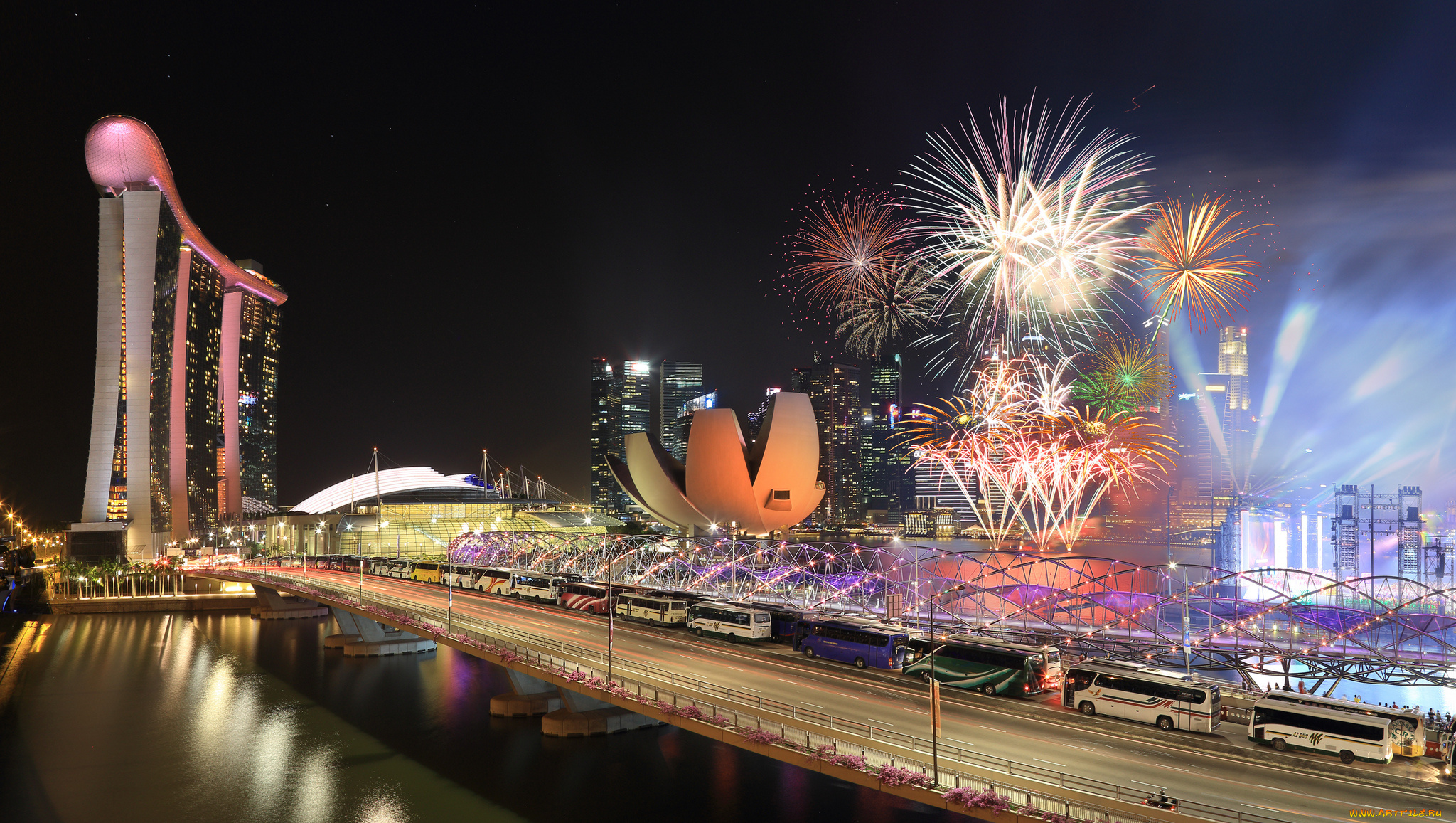 singapore, ndp, 2014, города, сингапур, , сингапур, река, мост, огни, фейерверк, ночь