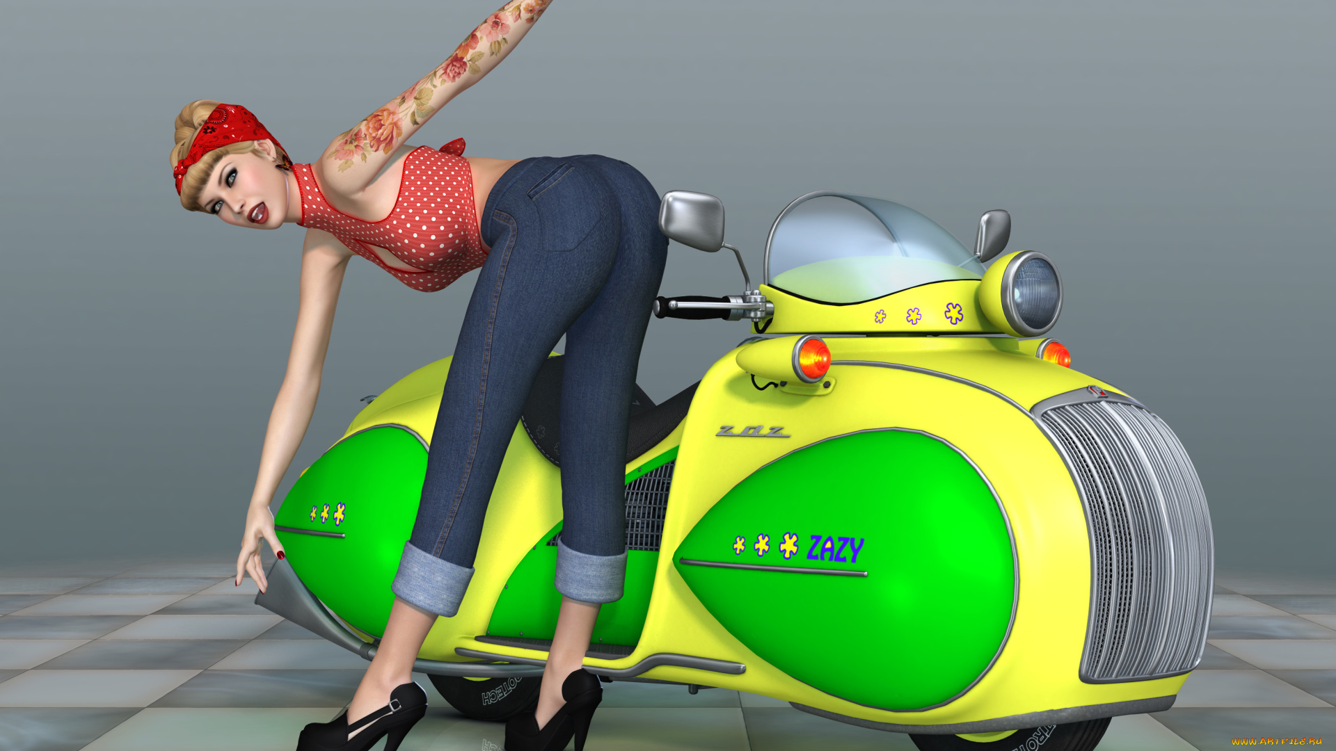 мотоциклы, 3d, взгляд, девушка, рыжая, фон, мотоцикл
