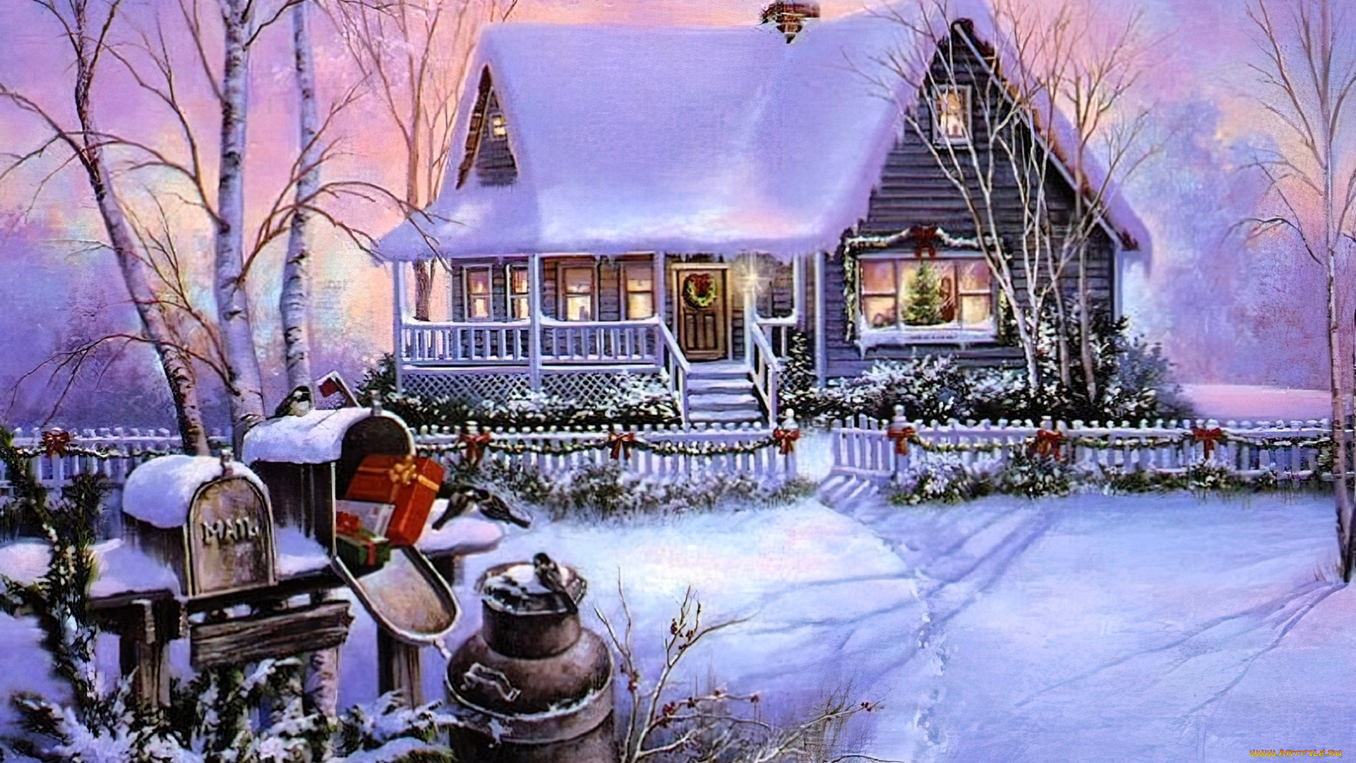 рисованное, thomas, kinkade, дом, снег, зима, забор, ящик, подарок