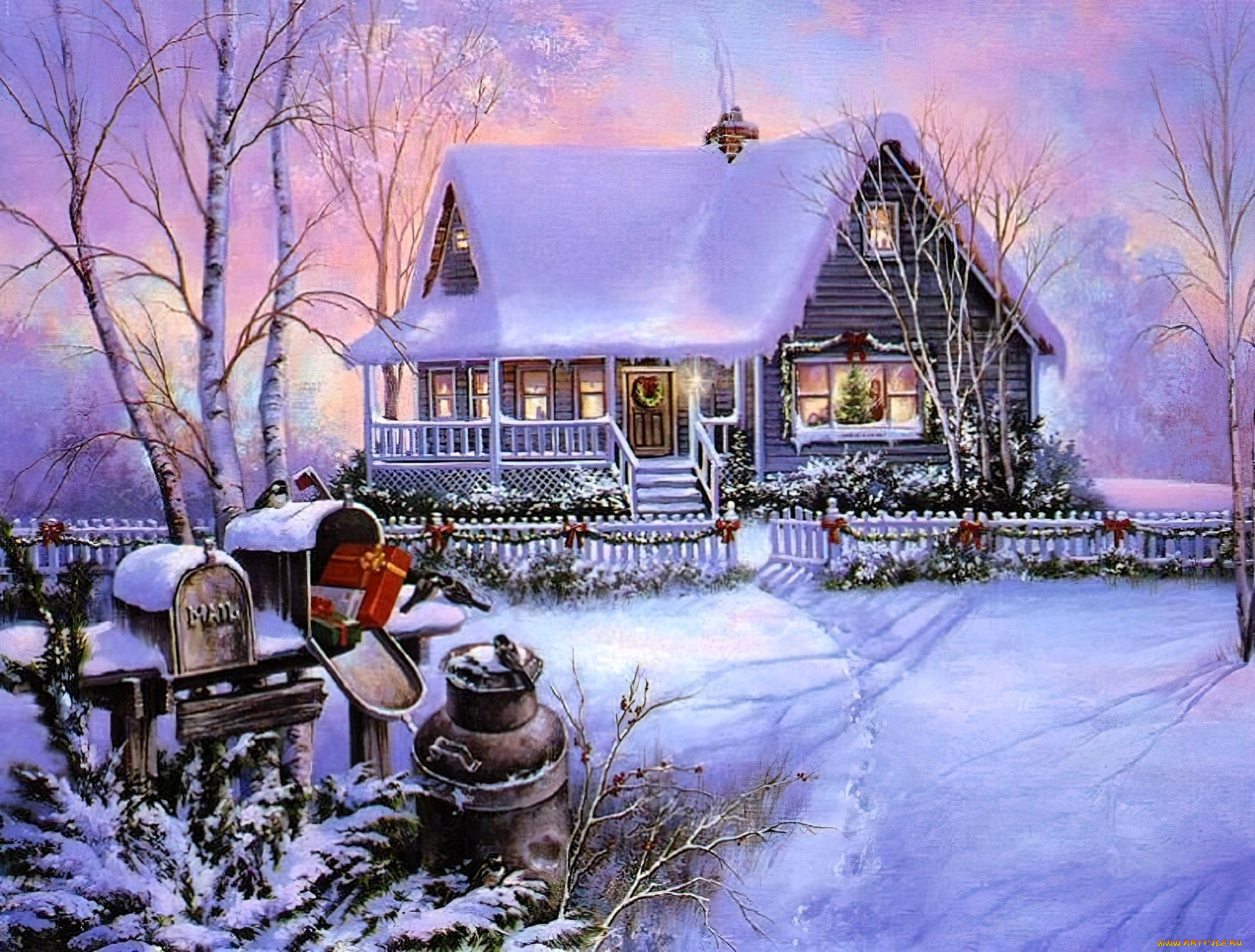 рисованное, thomas, kinkade, дом, снег, зима, забор, ящик, подарок