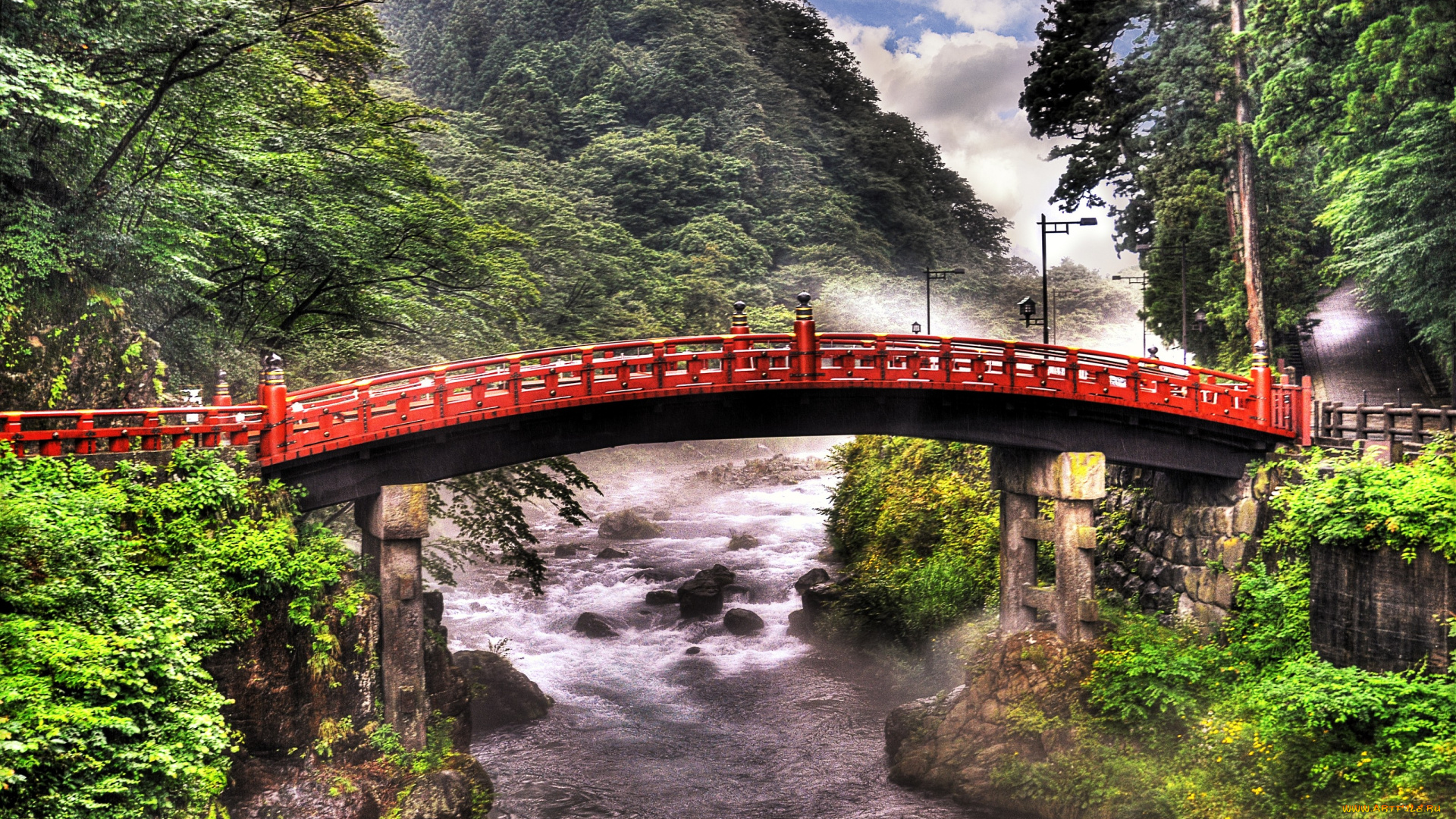 мост, чудес, Япония, города, мосты, деревья, поток, река