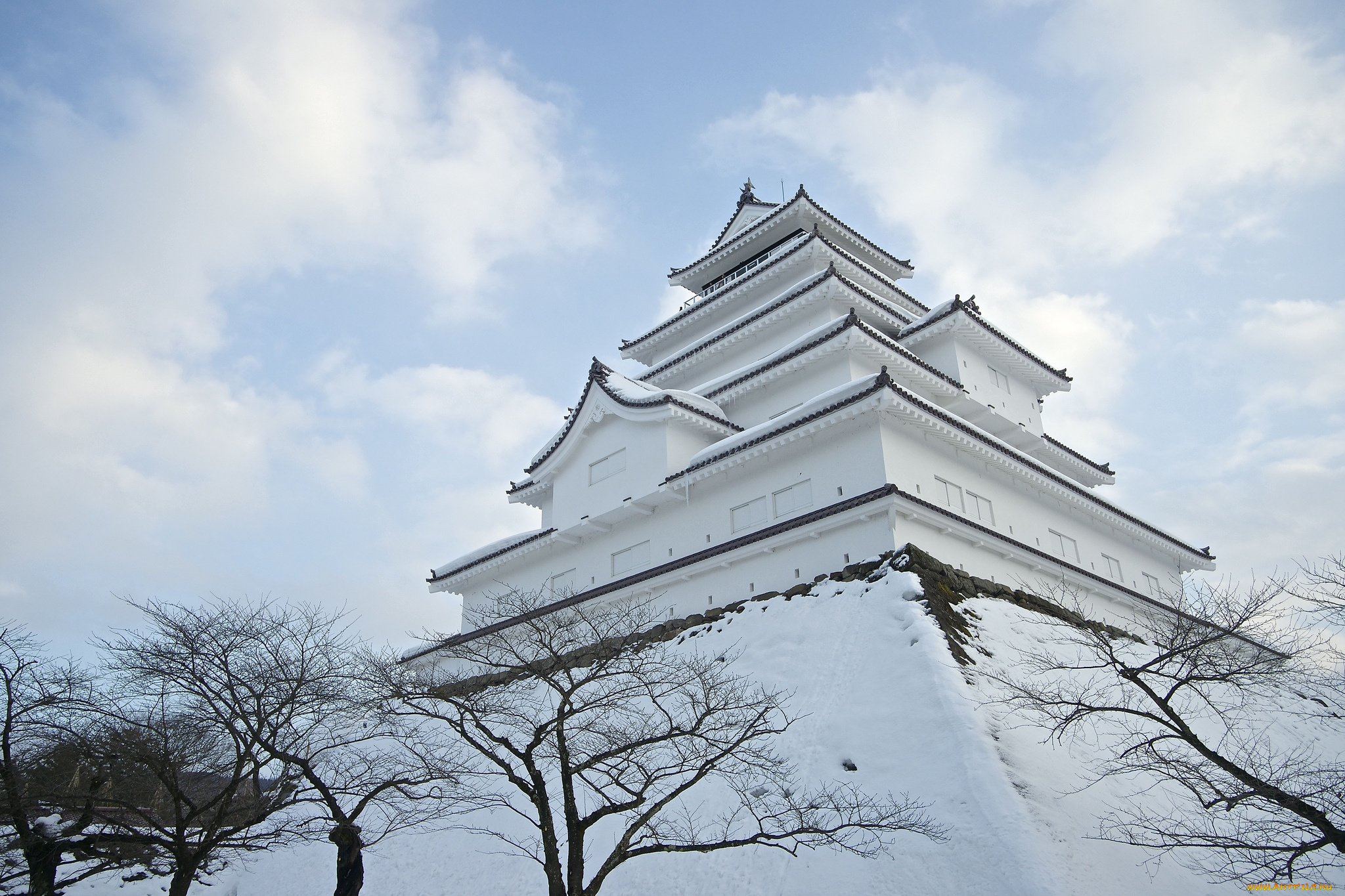 города, замки, Японии, снег, пагода