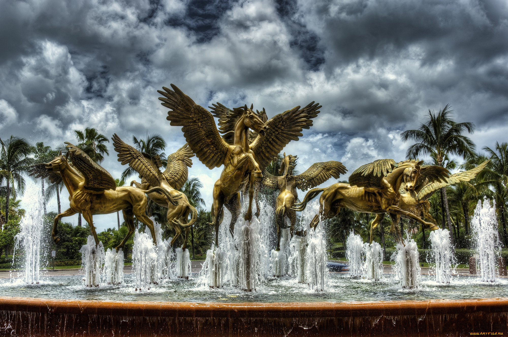 golden, horses, города, -, фонтаны, фонтан, статуи