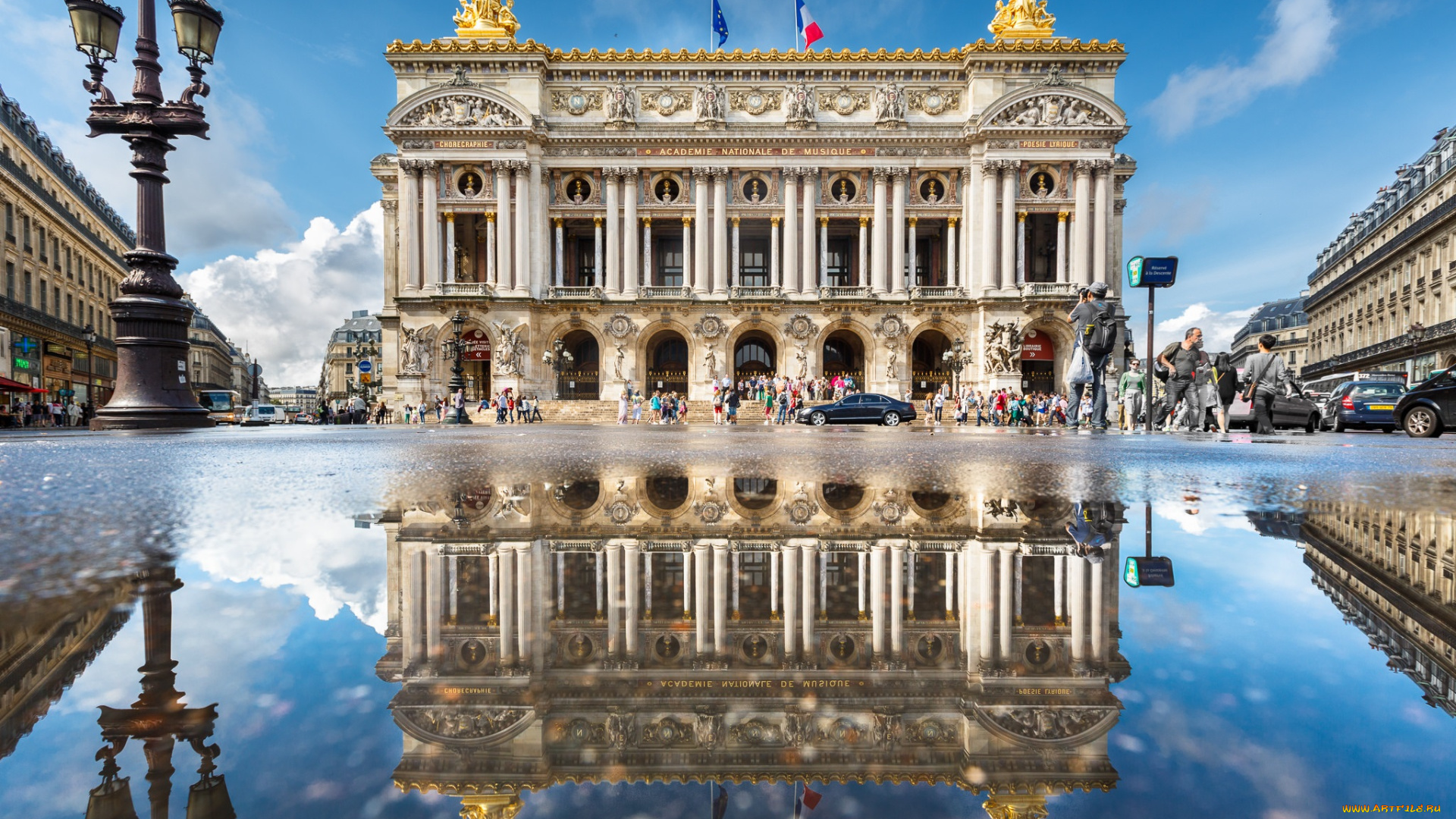 opera, puddle, mirror, города, париж, , франция, дворец, площадь