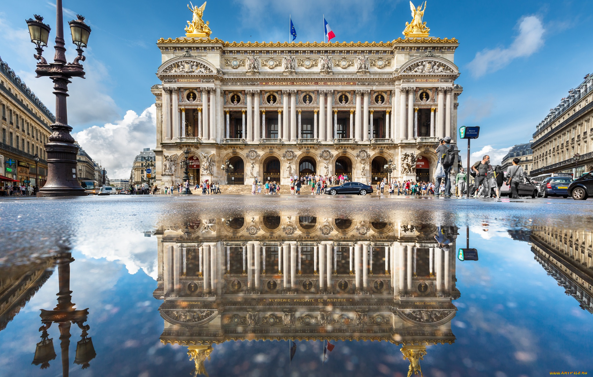 opera, puddle, mirror, города, париж, , франция, дворец, площадь