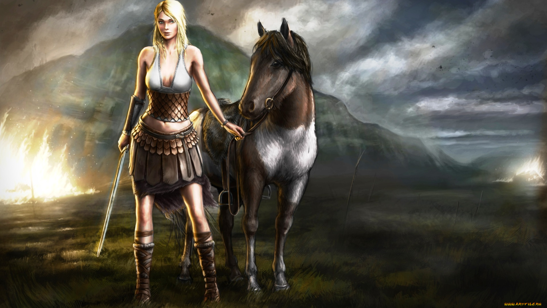 фэнтези, девушки, лошадь, девушка, меч, воительница, тучи