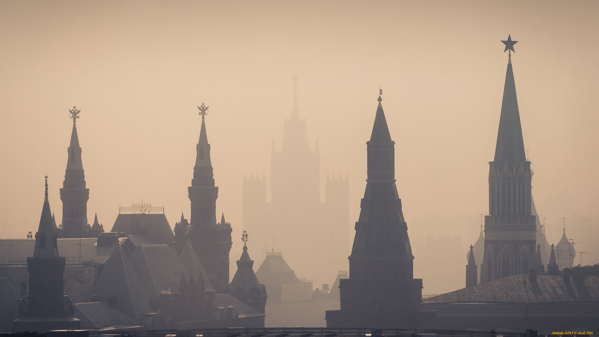 города, москва, , россия, башни, кремль, силуэты, туман, утро