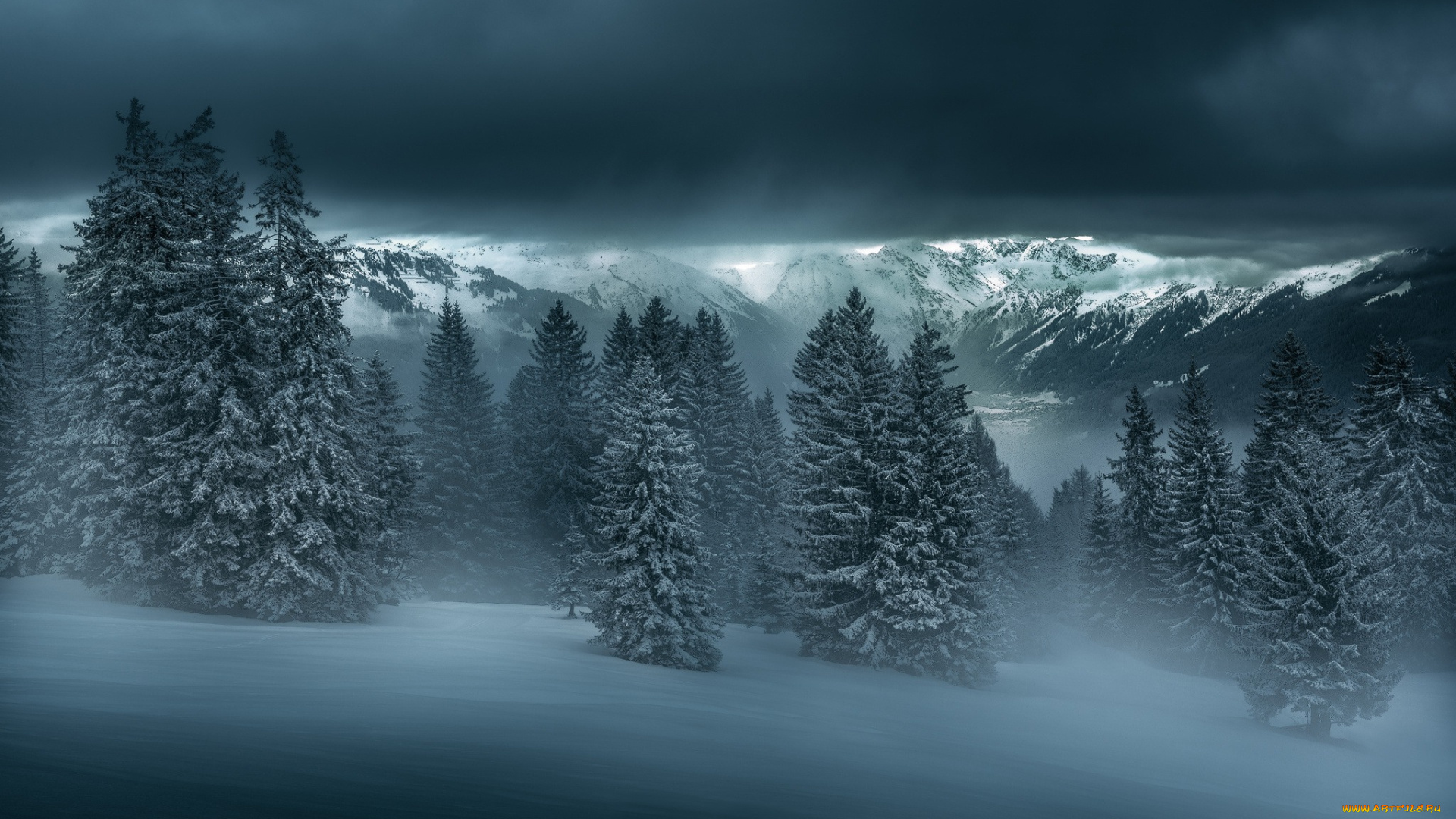 природа, зима, лес, снег, горы