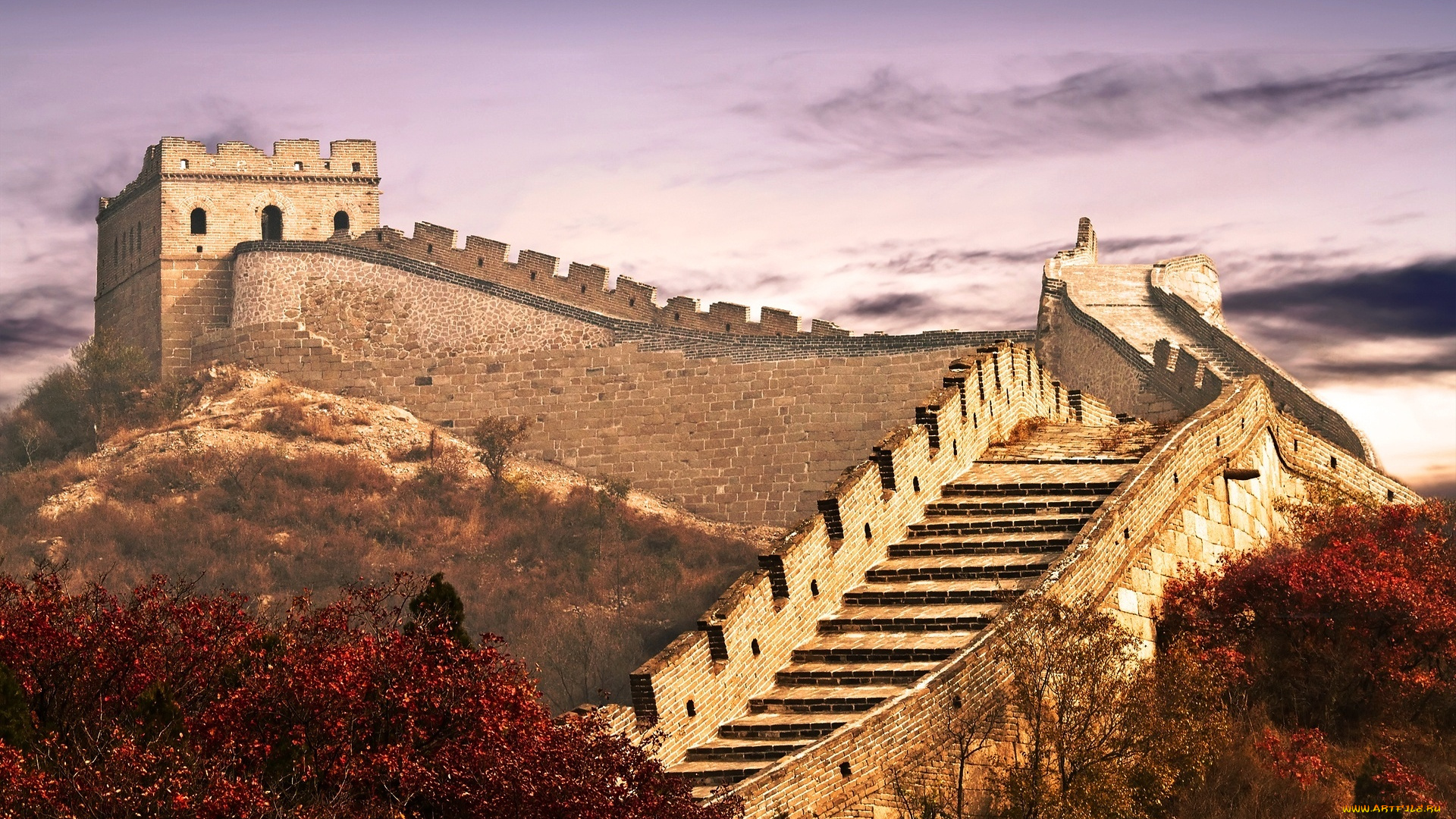 великая, китайская, стена, города, -, исторические, , архитектурные, памятники, деревья, осень, стены, ступени, башня