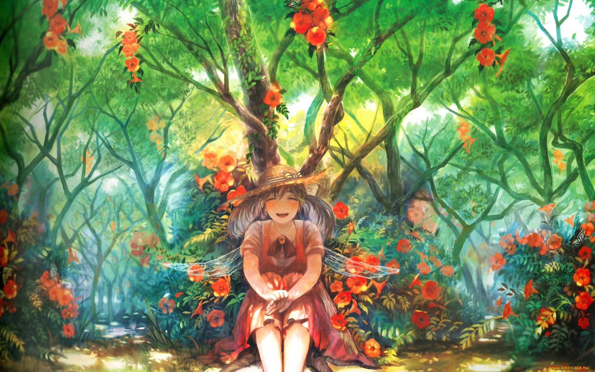 аниме, pixiv, fantasia, цветы, лес, радость, крылья, шляпа, девочка