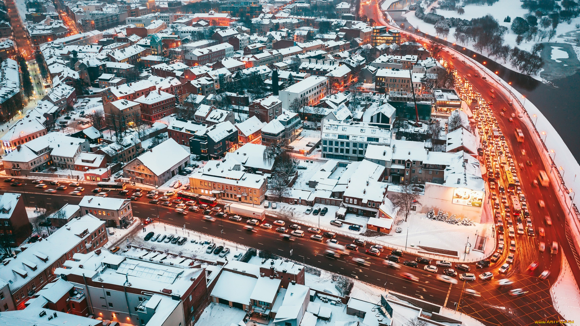 города, -, панорамы, улица, снег, зима, огни, городской, вид, трафик, длинная, выдержка, литва, каунас