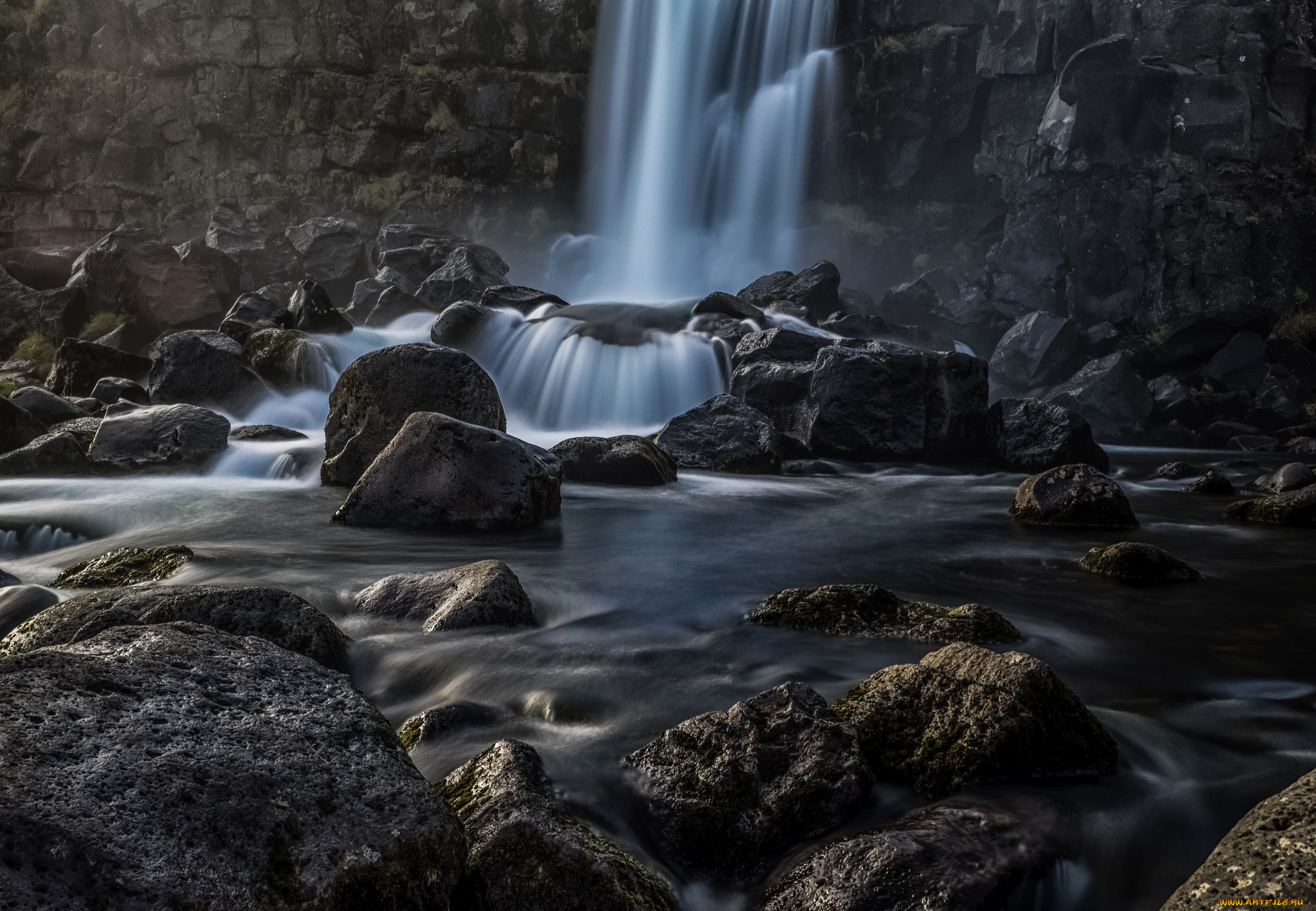 природа, водопады, исландия, поток, водопад, камни, скала, брызги