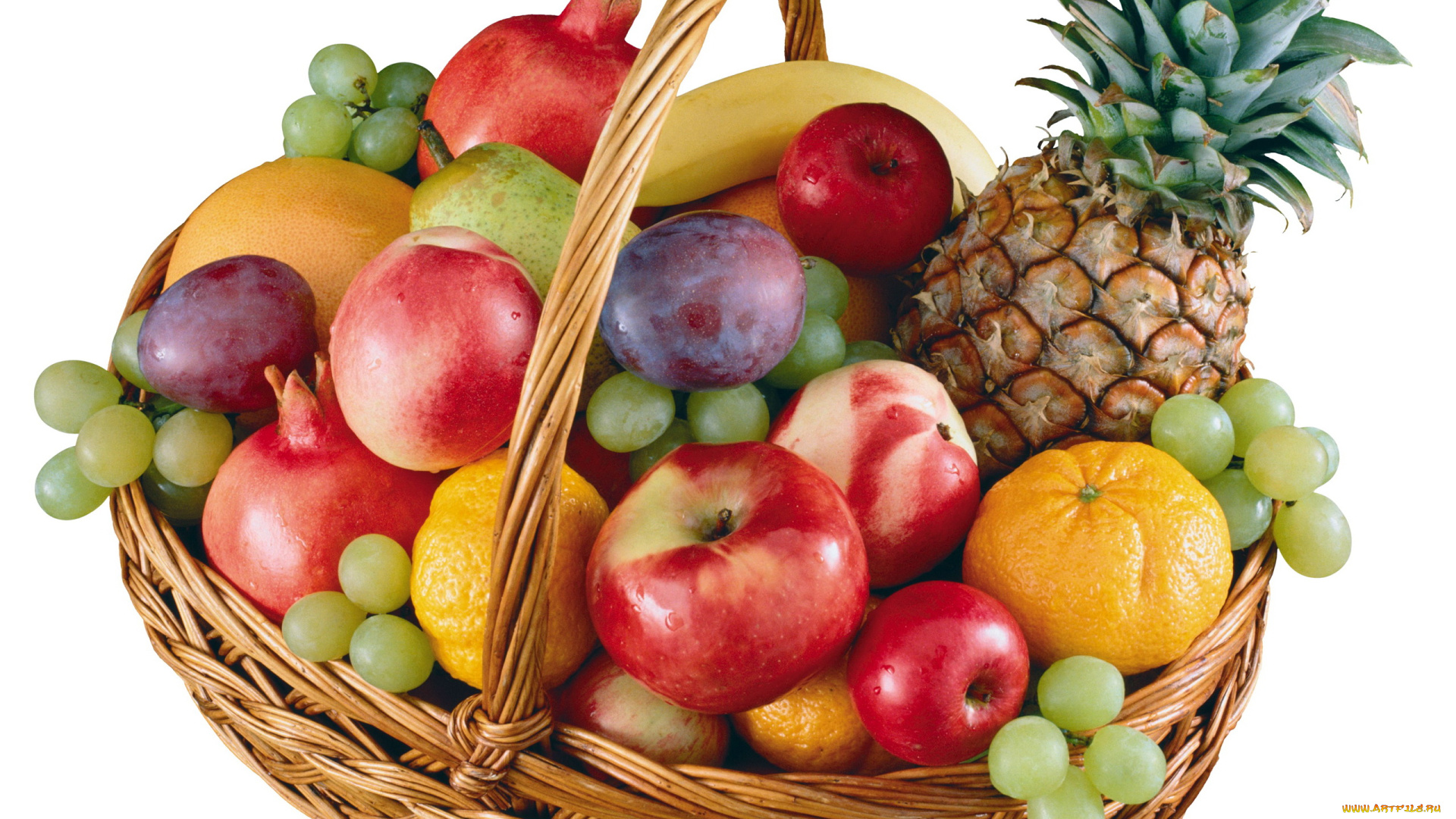 еда, фрукты, ягоды, корзинка, ананас, яблоки, гранаты, виноград