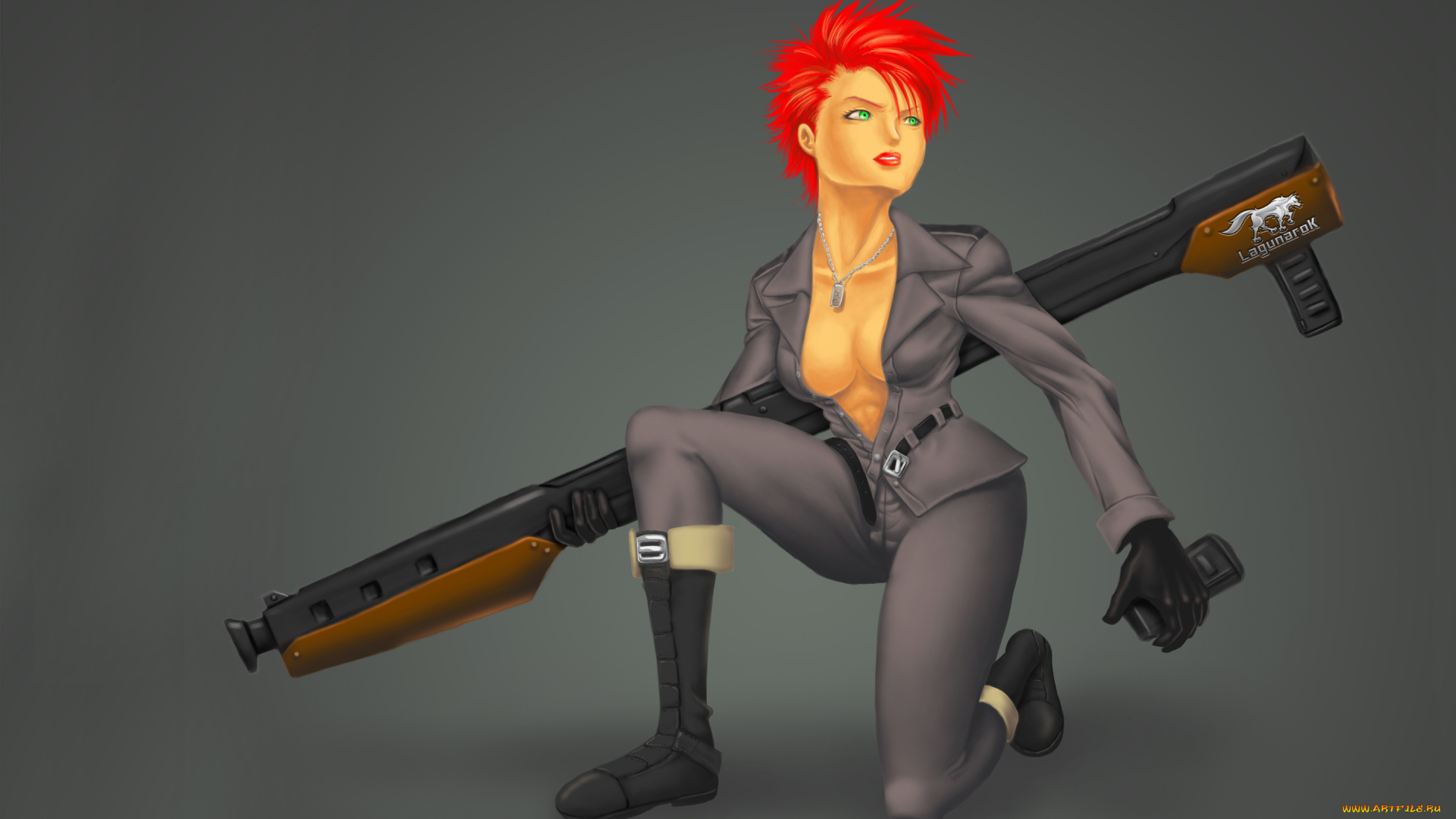 девушка, аниме, -weapon, , blood, &, technology, красные, волосы, оружие