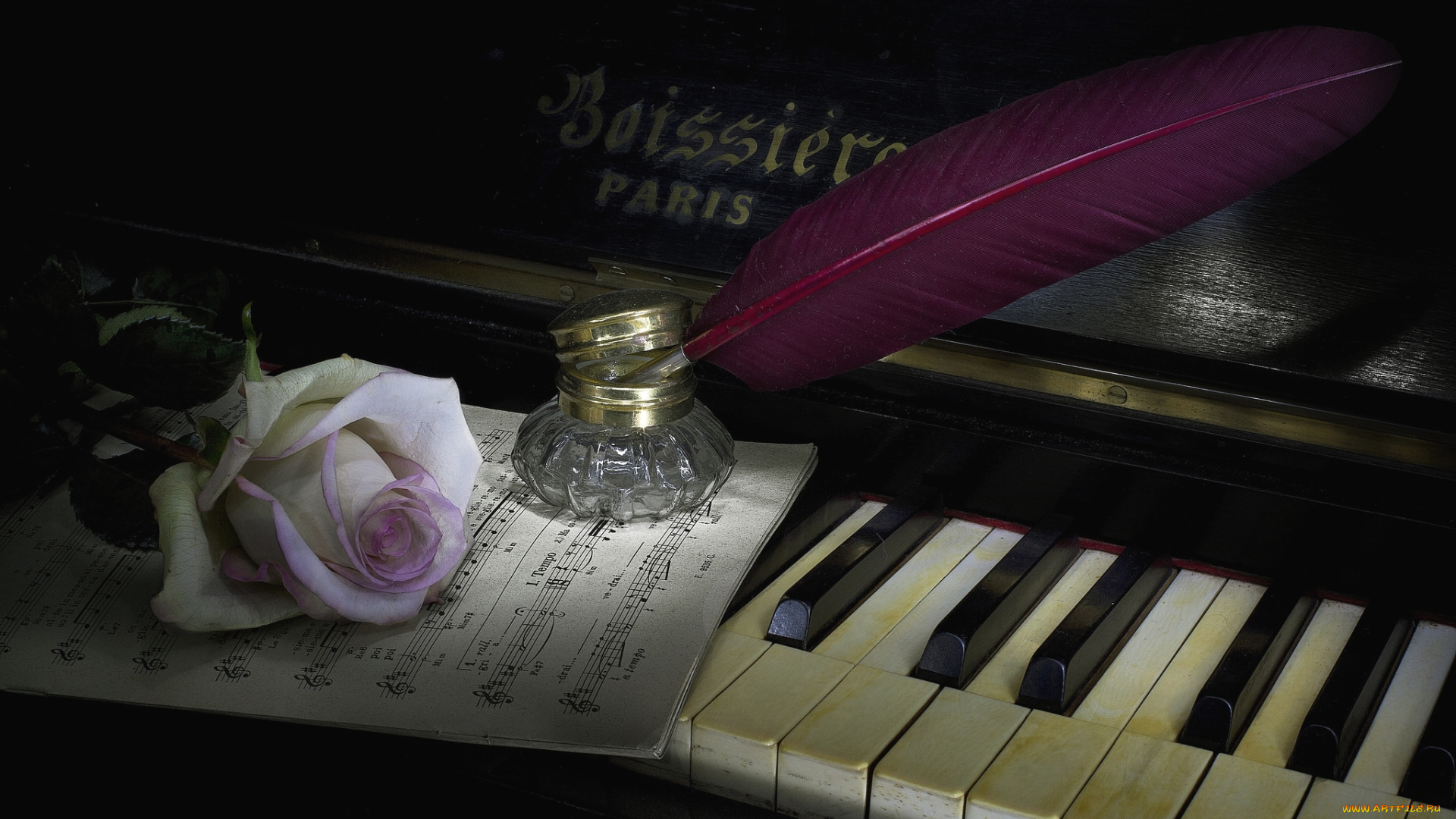 музыка, музыкальные, инструменты, пианино, перо, роза