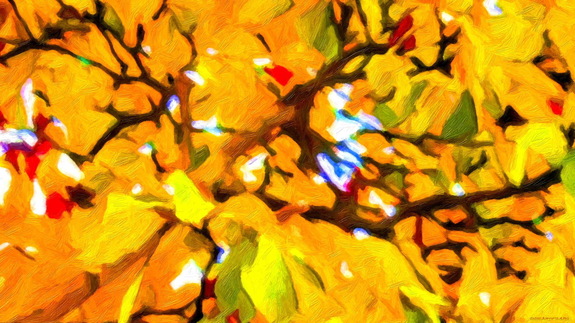 рисованные, природа, листья, жёлтые, деревья, осень