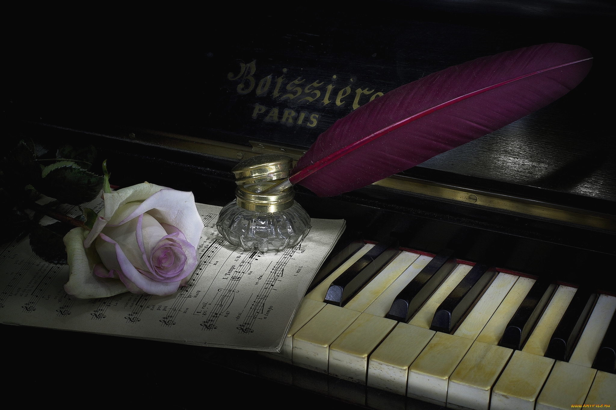 музыка, музыкальные, инструменты, пианино, перо, роза