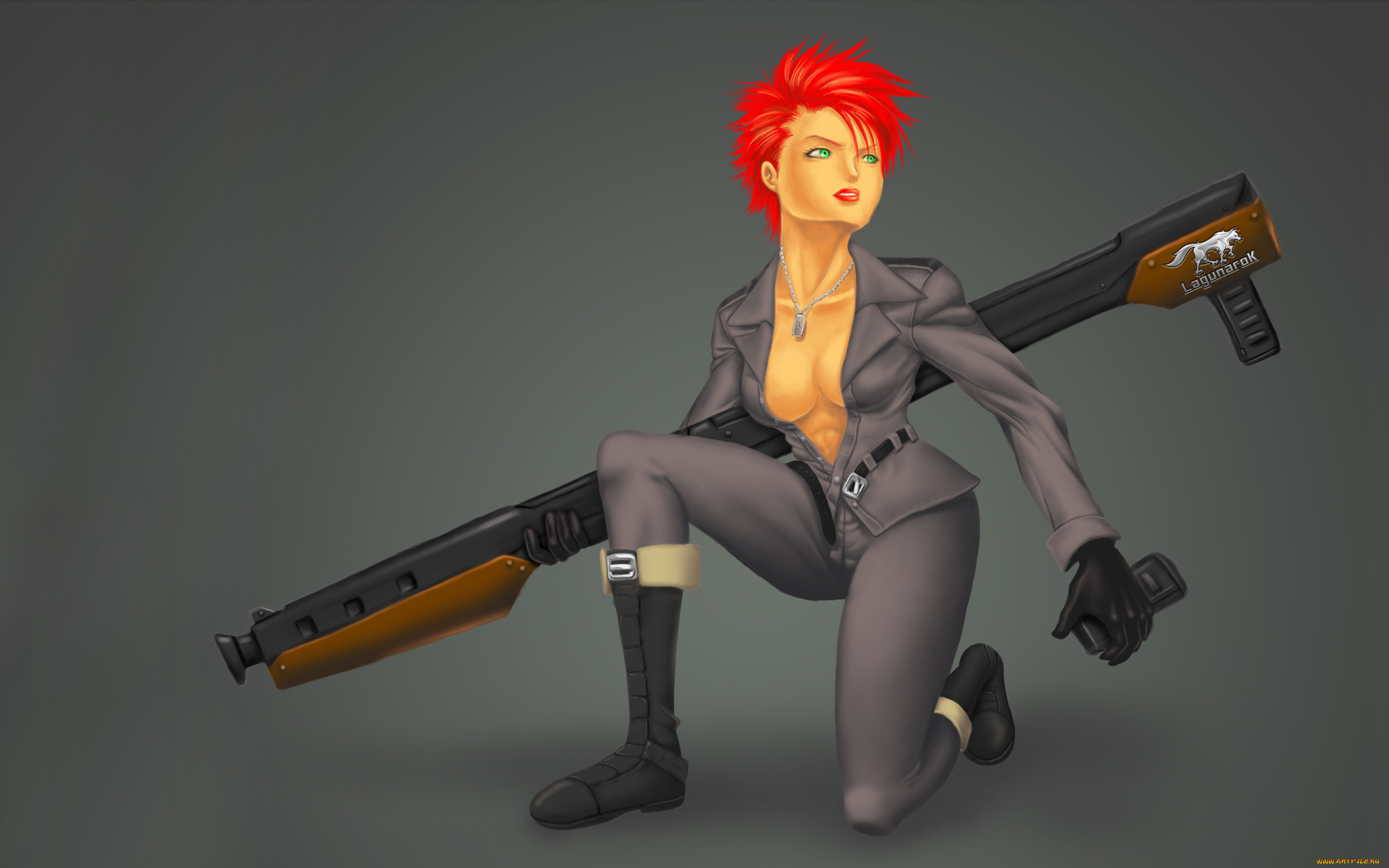 девушка, аниме, -weapon, , blood, &, technology, красные, волосы, оружие