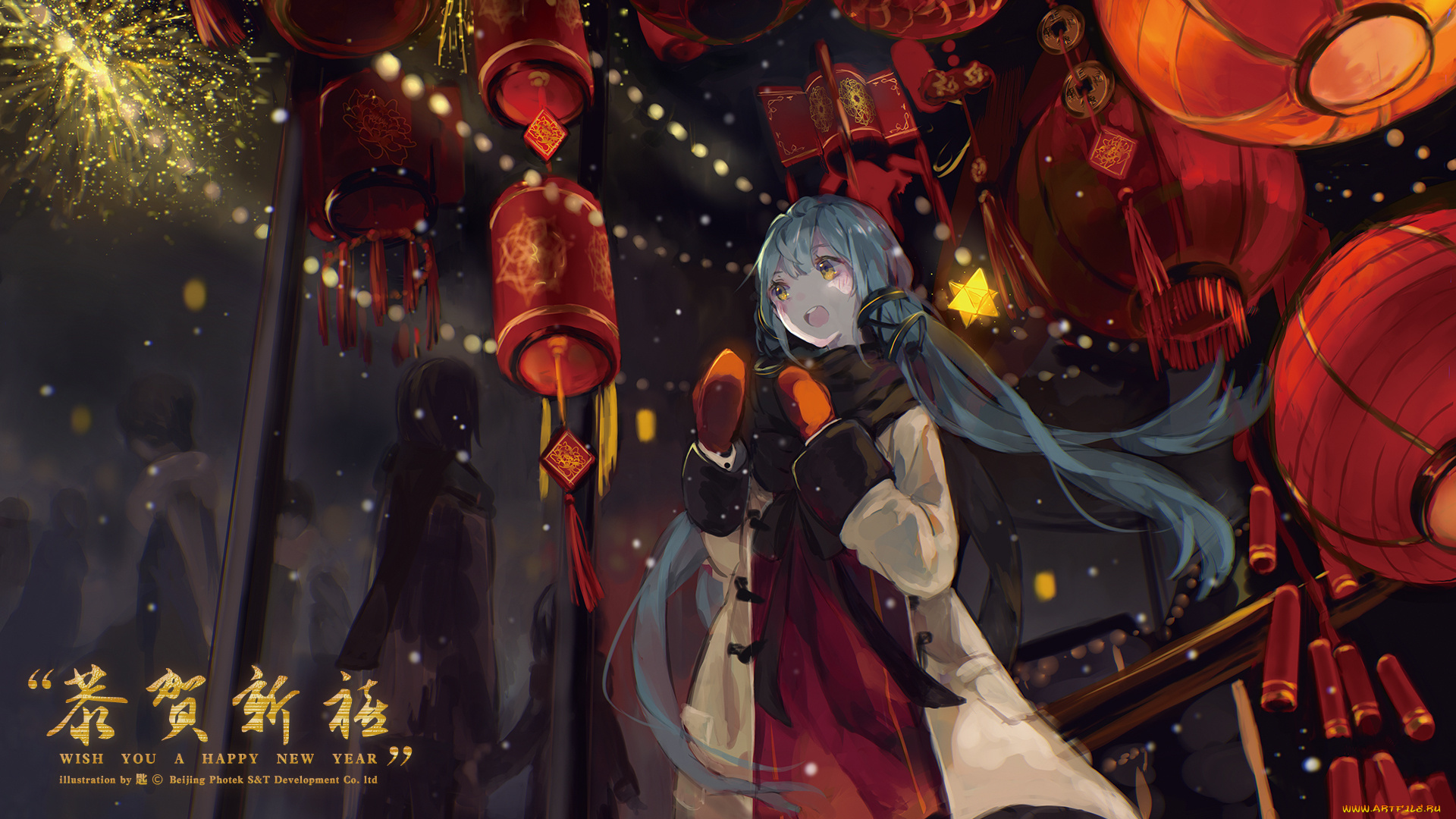 аниме, vocaloid, xingchen, bou, shaku, девочка, салют, фонарики