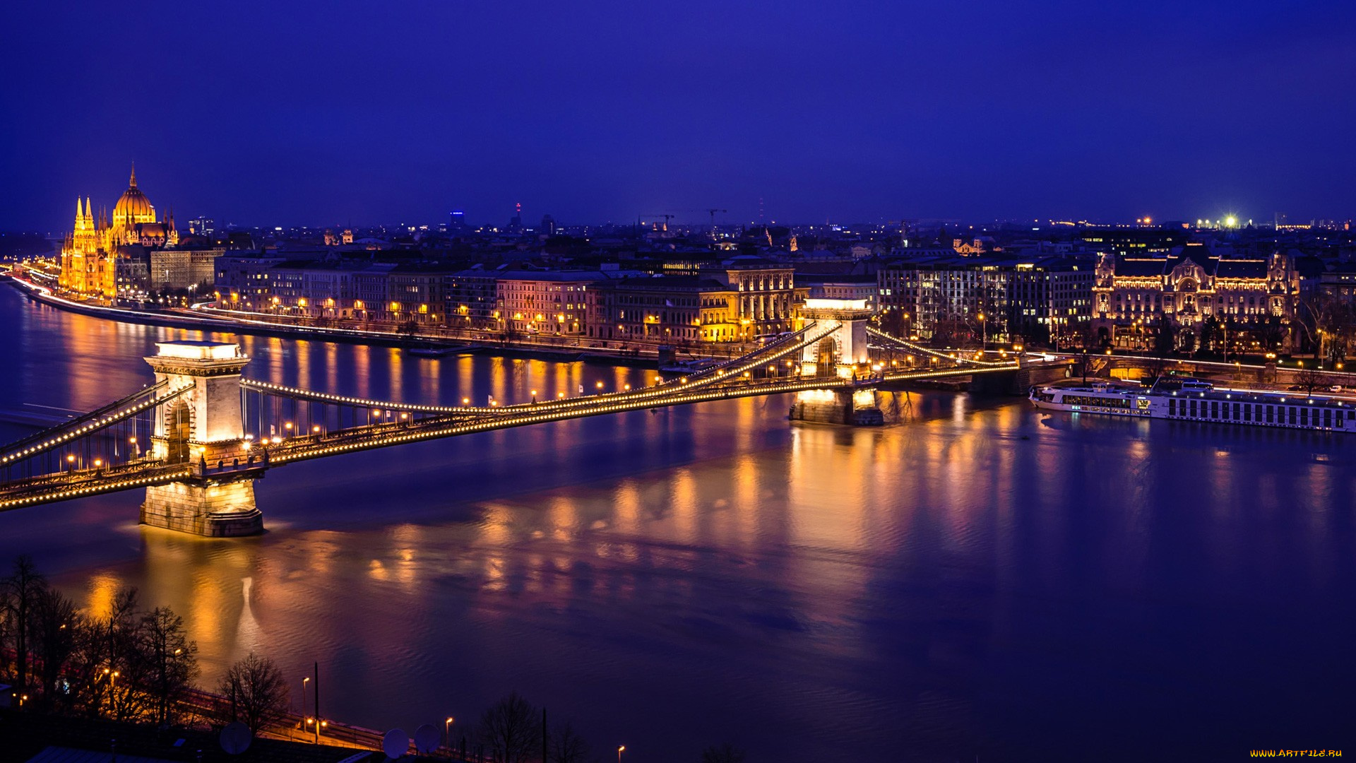 города, будапешт, , венгрия, будапешт, вид, на, вечерний, цепной, мост