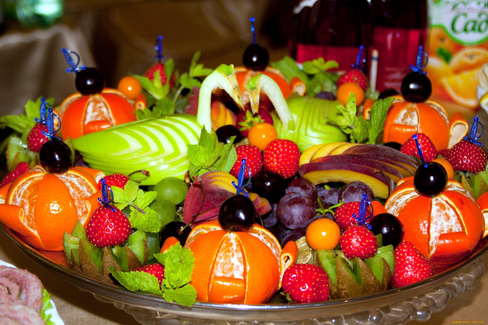 еда, фрукты, , ягоды, виноград, клубника, киви, яблоко, мандарин