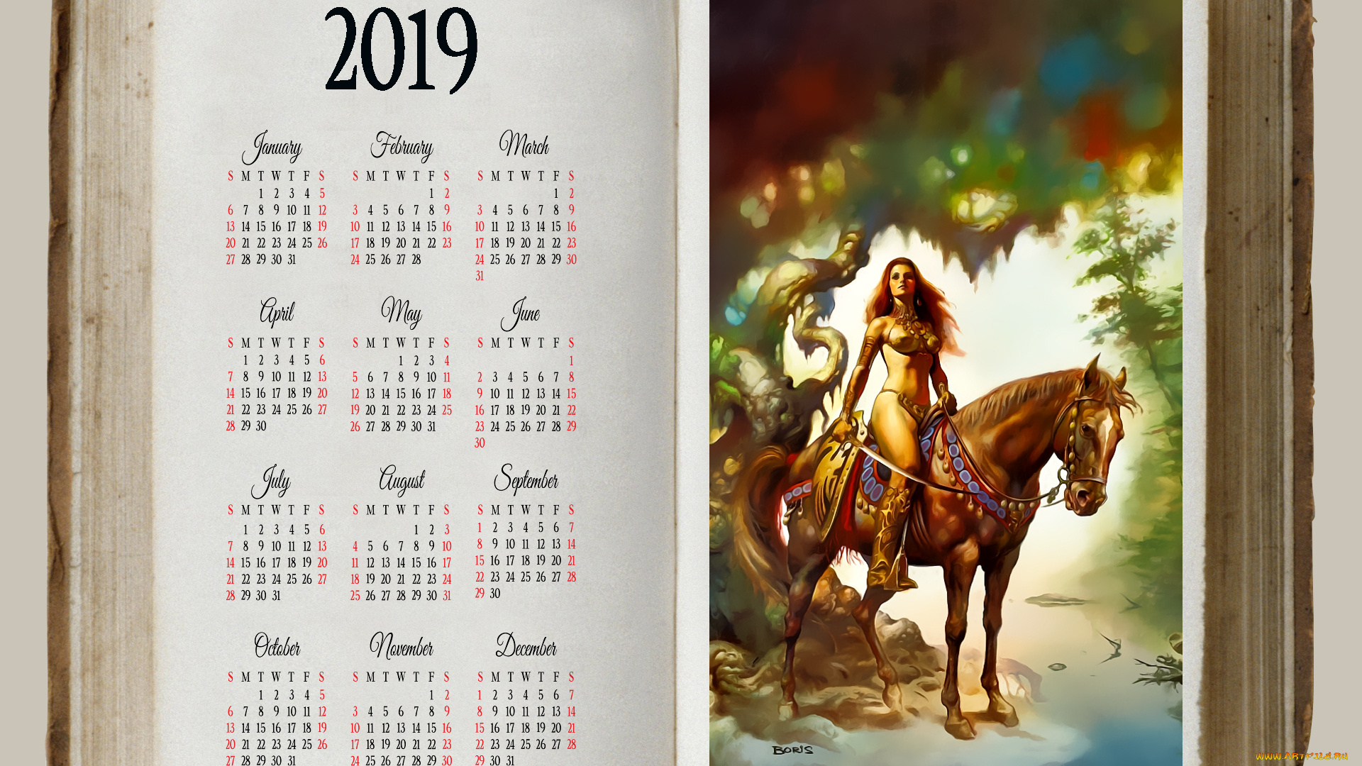 календари, фэнтези, дерево, конь, девушка, лошадь