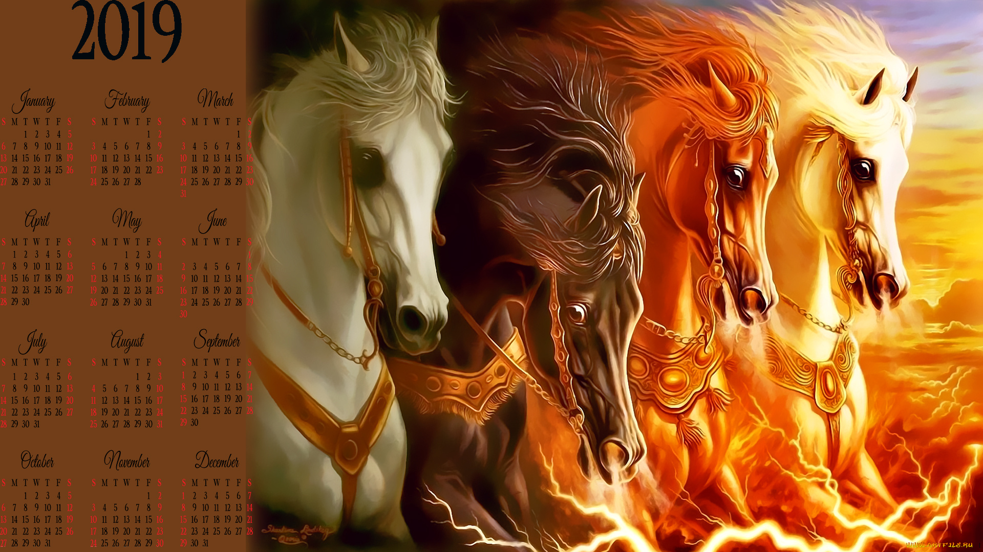 календари, фэнтези, лошадь, молния, конь