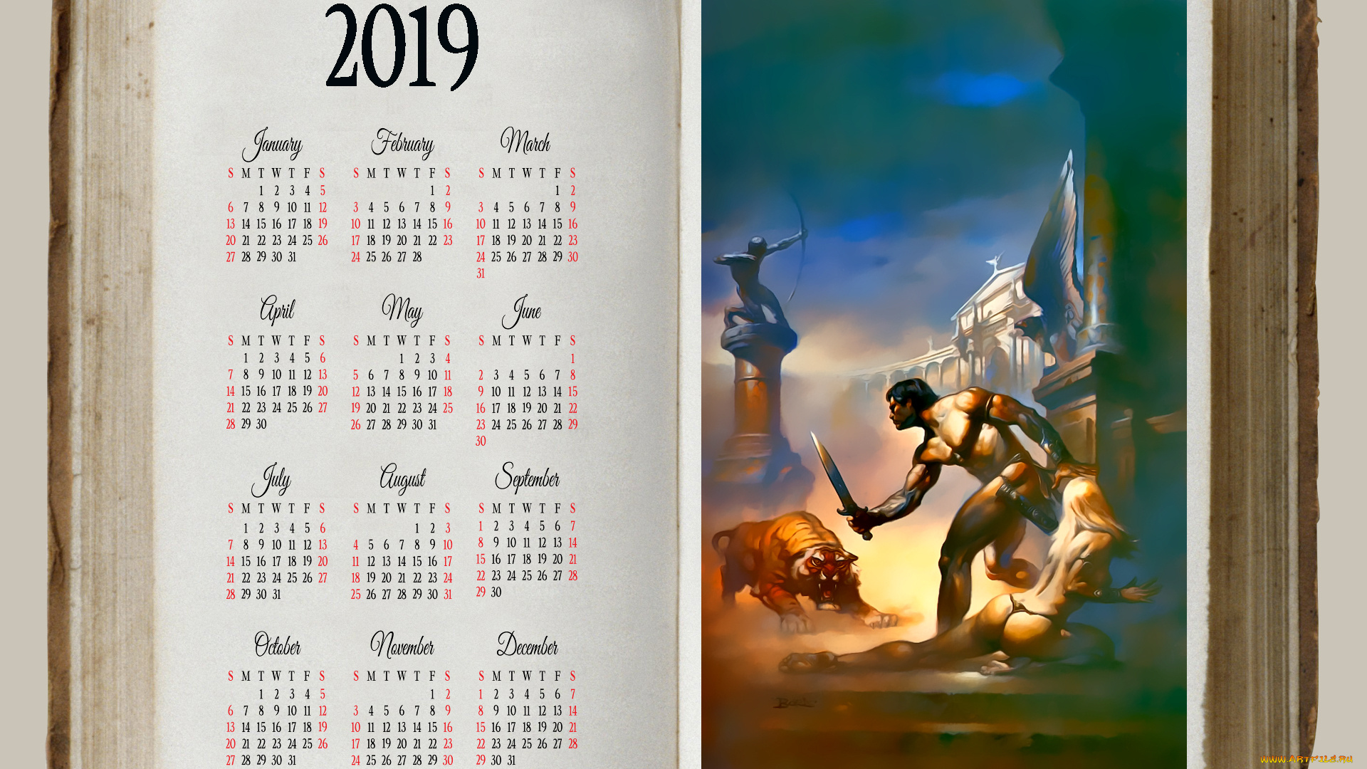 календари, фэнтези, мужчина, женщина, тигр, статуя, оружие