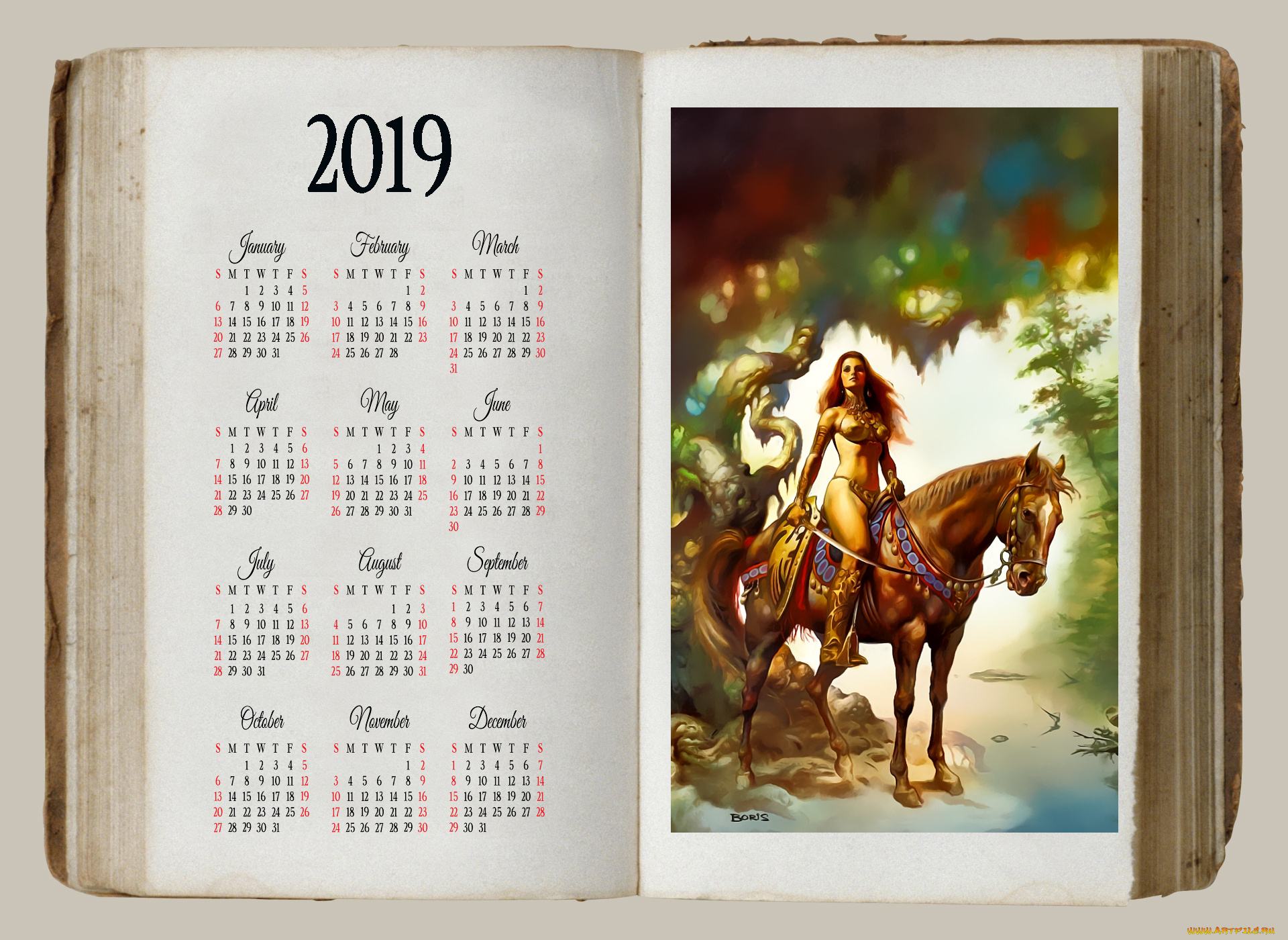 календари, фэнтези, дерево, конь, девушка, лошадь