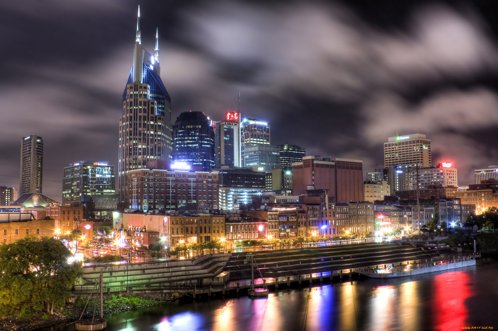 nashville, tennessee, города, огни, ночного, набережная, здания, ночной, город